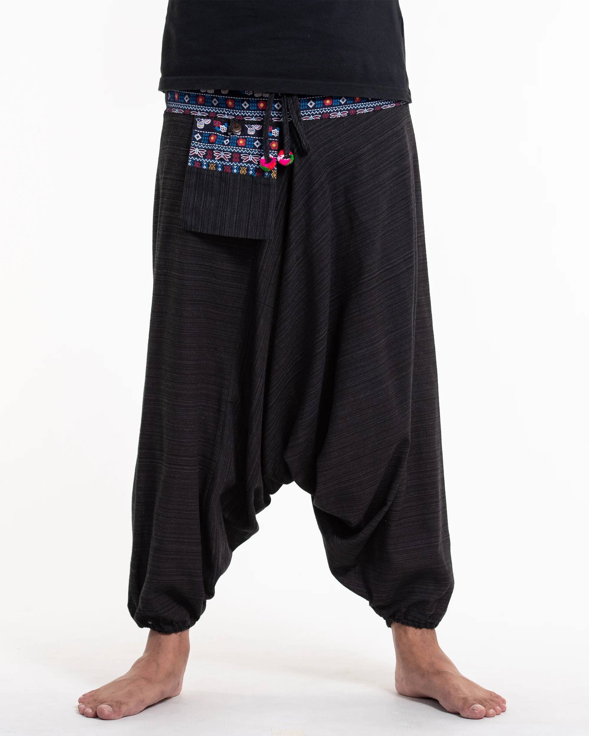 Pinstripe Cotton Low Cut Men's Harem Pants with Elephant Trim in Black