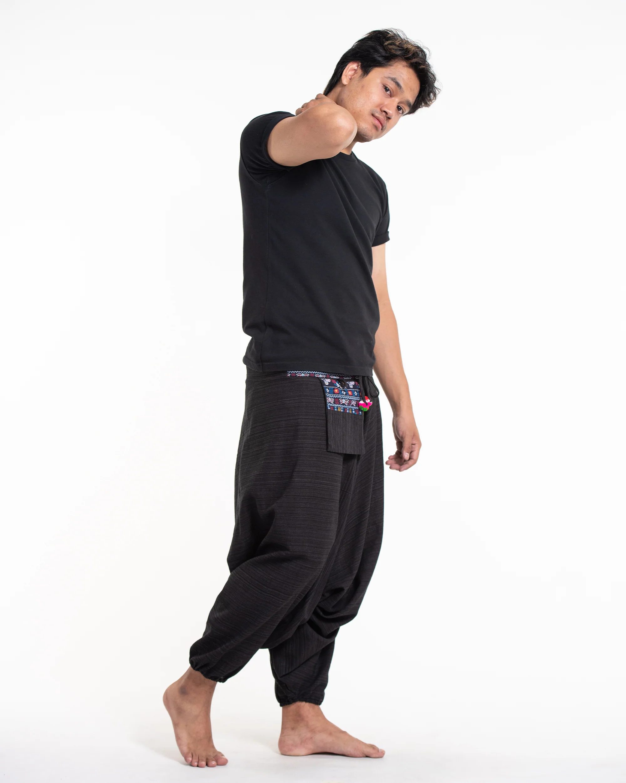 526-Pinstripe-Cotton-Low-Cut-Men-s-Harem-Pants-with-Elephant-Trim-in-Black-3.webp Pinstripe Cotton Low Cut Men's Harem Pants with Elephant Trim in Black