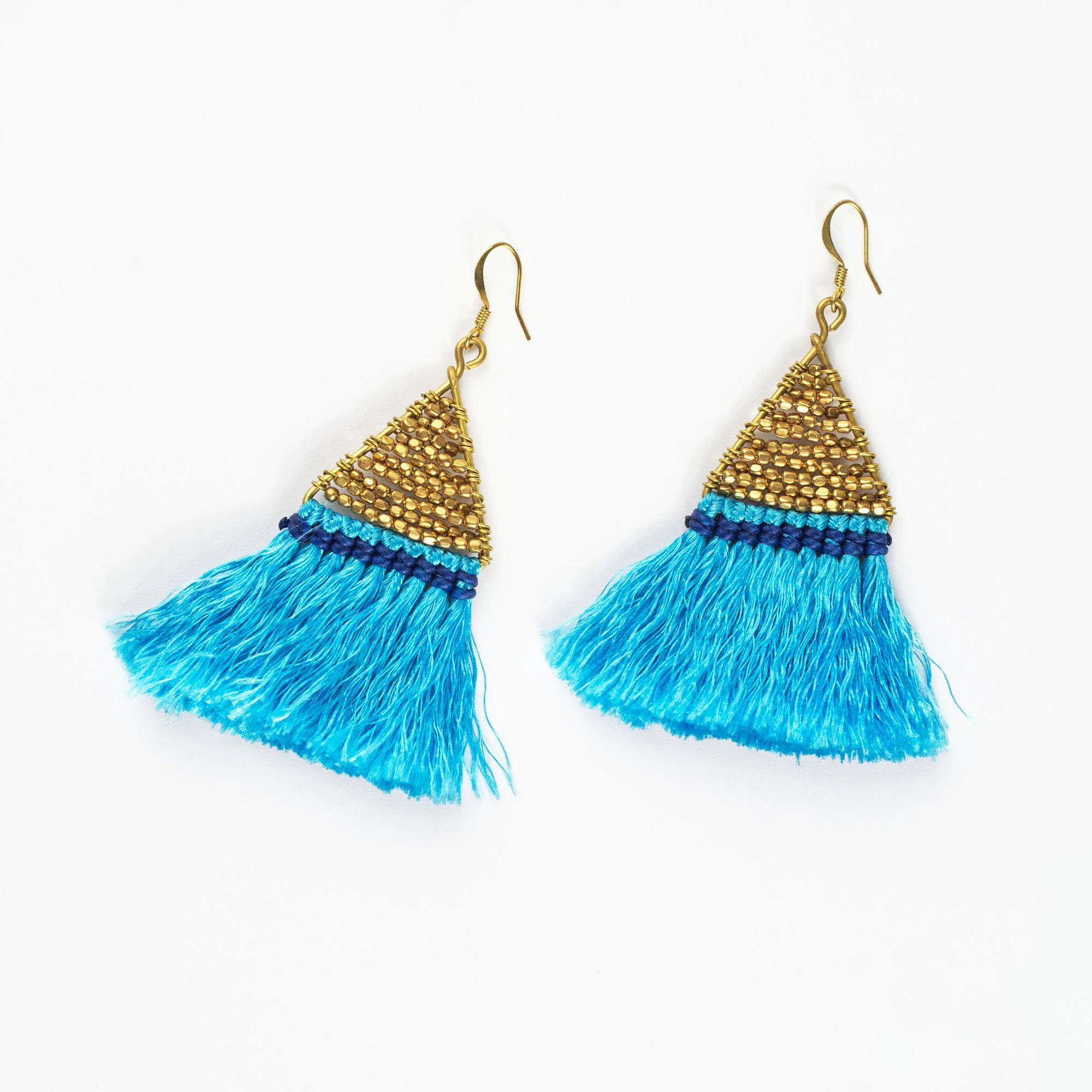 Blue Tassels Brass Earrings
