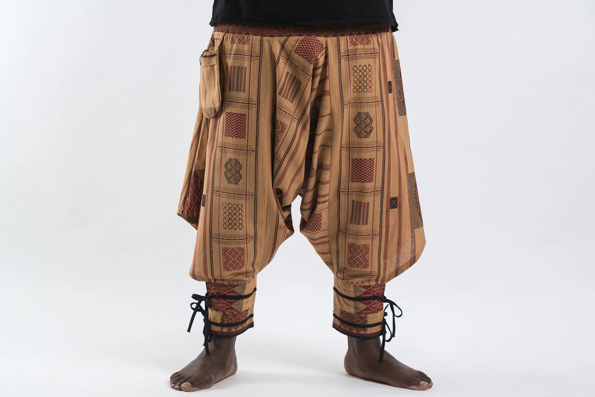 Plus Size Thai Hill Tribe Fabric Men Harem Pants with Ankle Straps in Beige