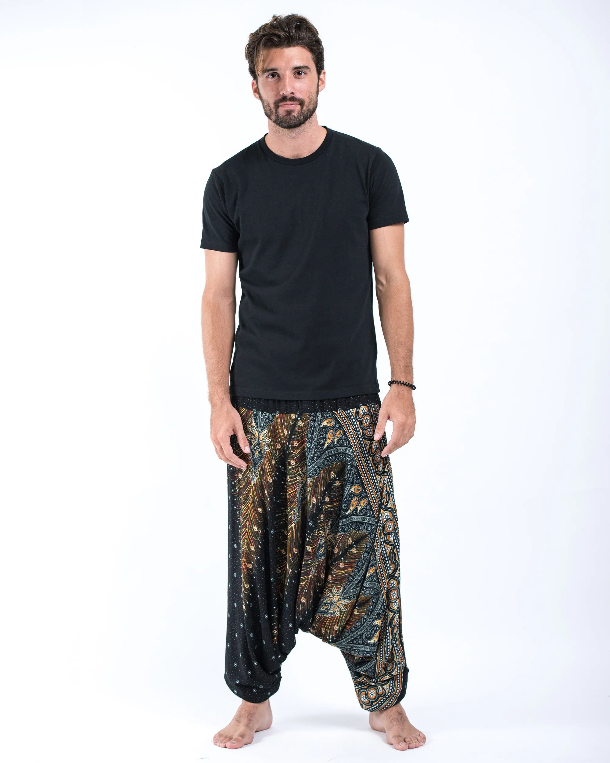 Peacock Feathers Drop Crotch Men's Harem Pants in Black