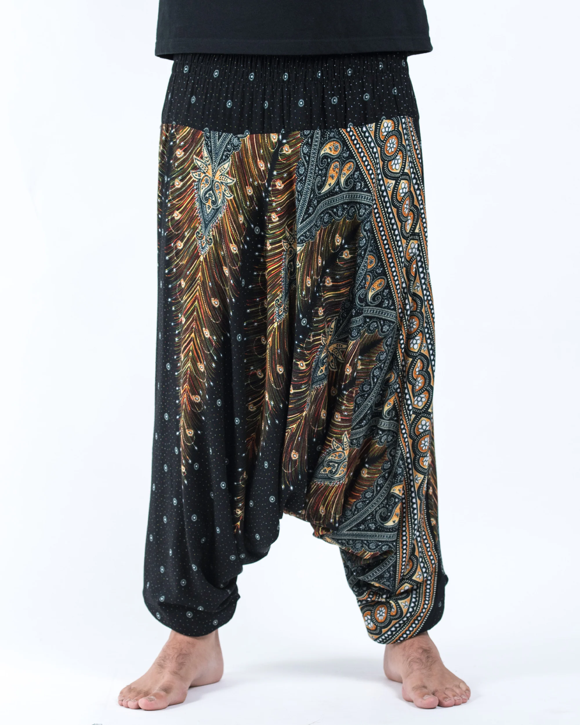 Peacock Feathers Drop Crotch Men's Harem Pants in Black