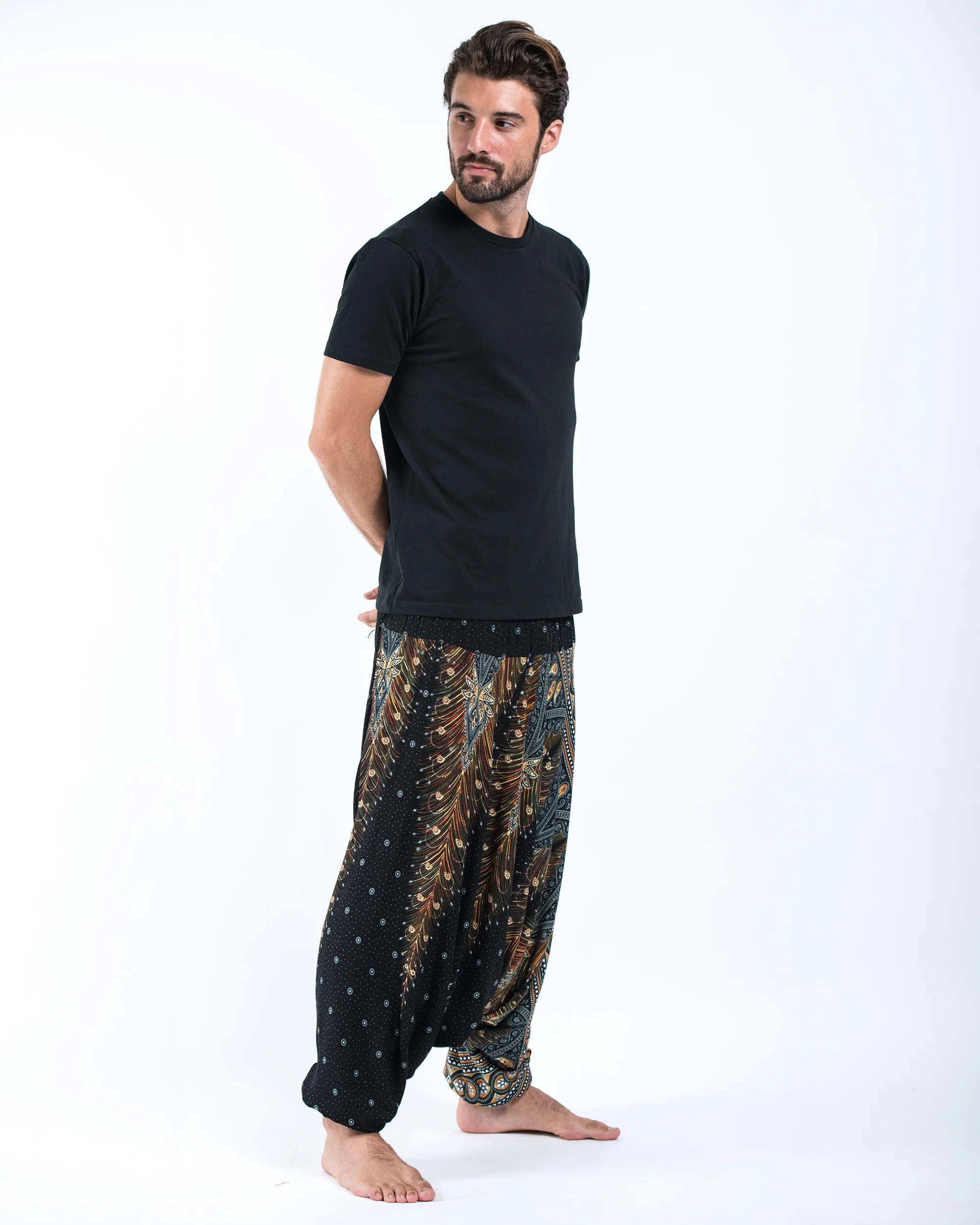 531-Peacock-Feathers-Drop-Crotch-Men-s-Harem-Pants-in-Black-3.webp Peacock Feathers Drop Crotch Men's Harem Pants in Black