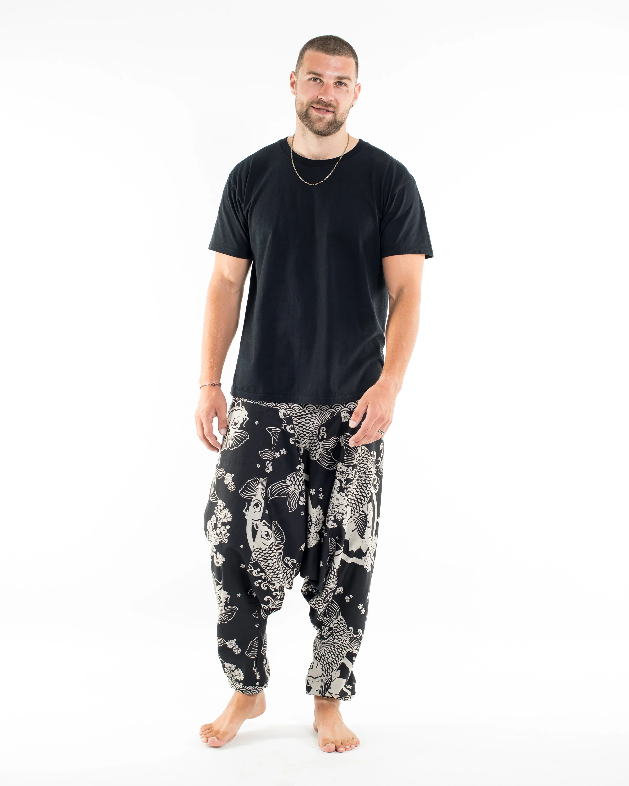 Hill Tribe Koi Fish Print Men's Harem Pants in Black
