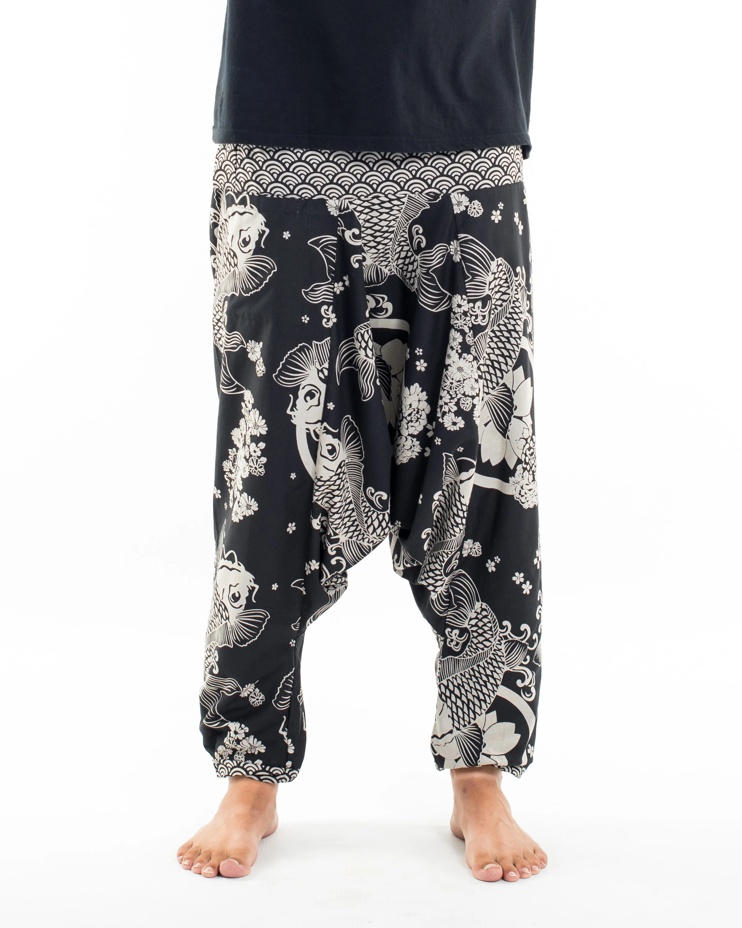 Hill Tribe Koi Fish Print Men's Harem Pants in Black