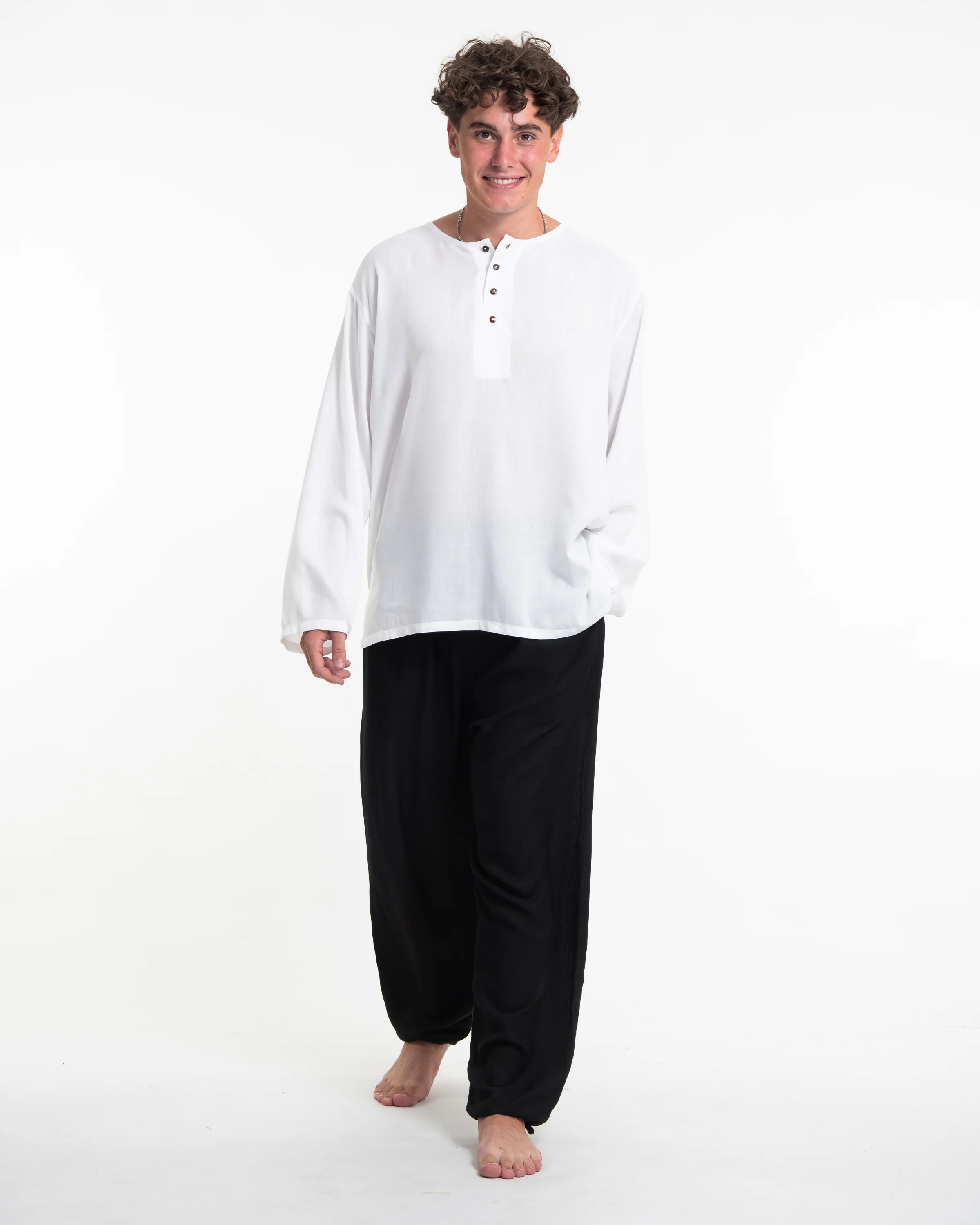 Mens Yoga Shirts No Collar with Coconut Buttons in White