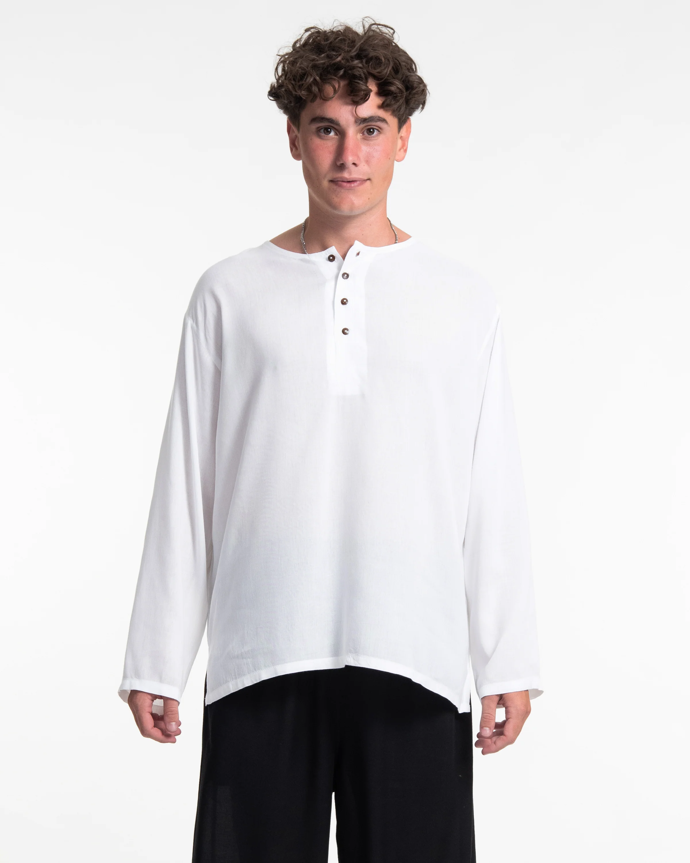 Mens Yoga Shirts No Collar with Coconut Buttons in White
