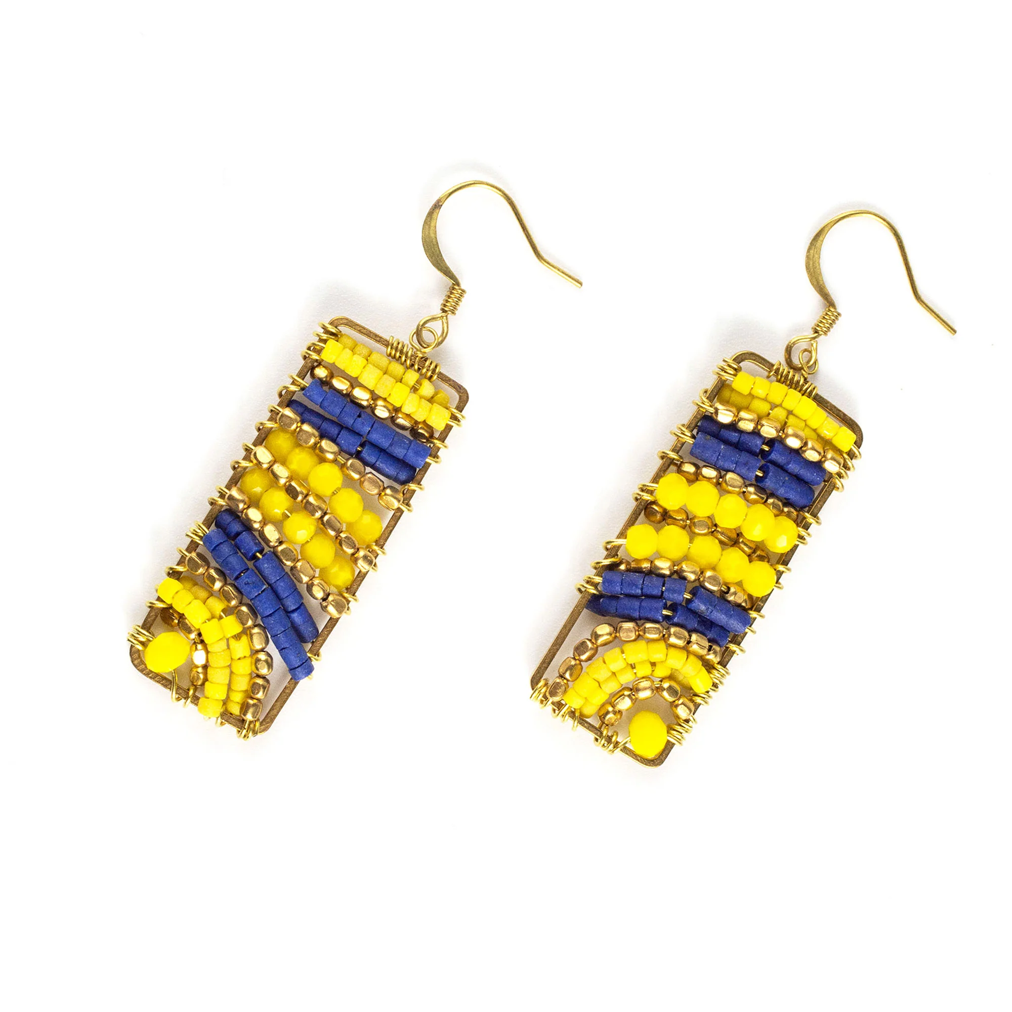 Rectangle Yellow Beads Brass Earrings