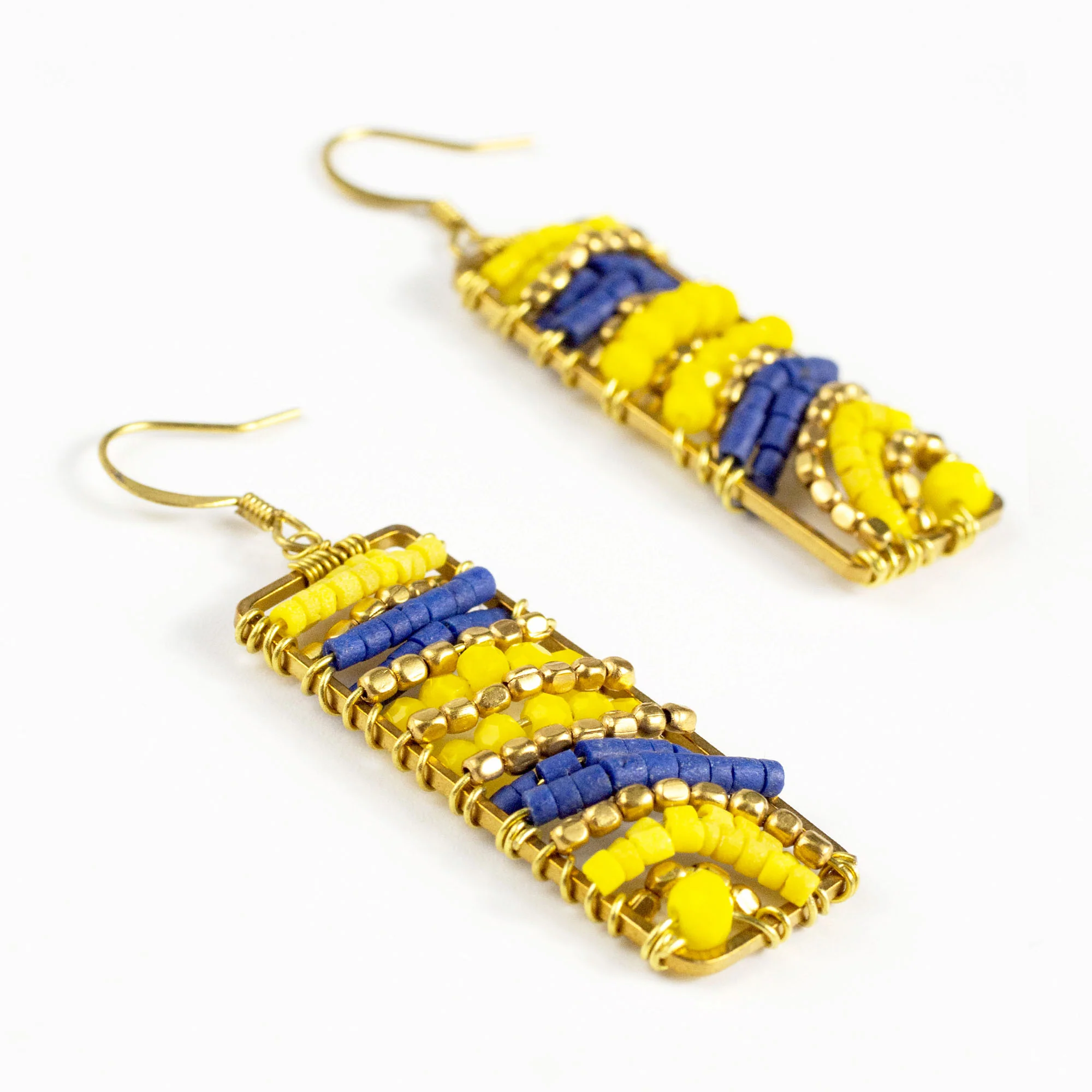 Rectangle Yellow Beads Brass Earrings