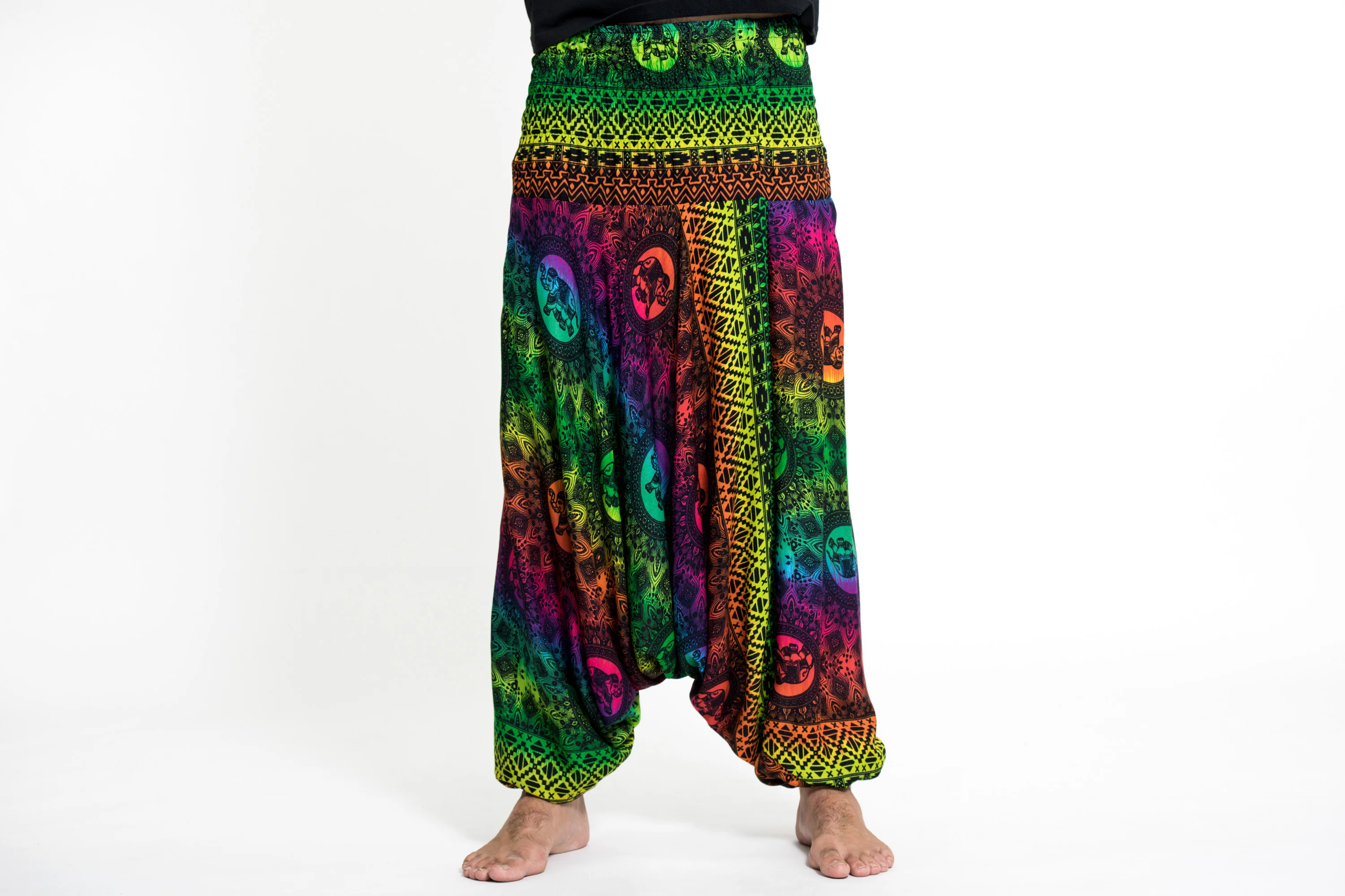 Rainbow Elephant Drop Crotch Men's Elephant Pants in Green