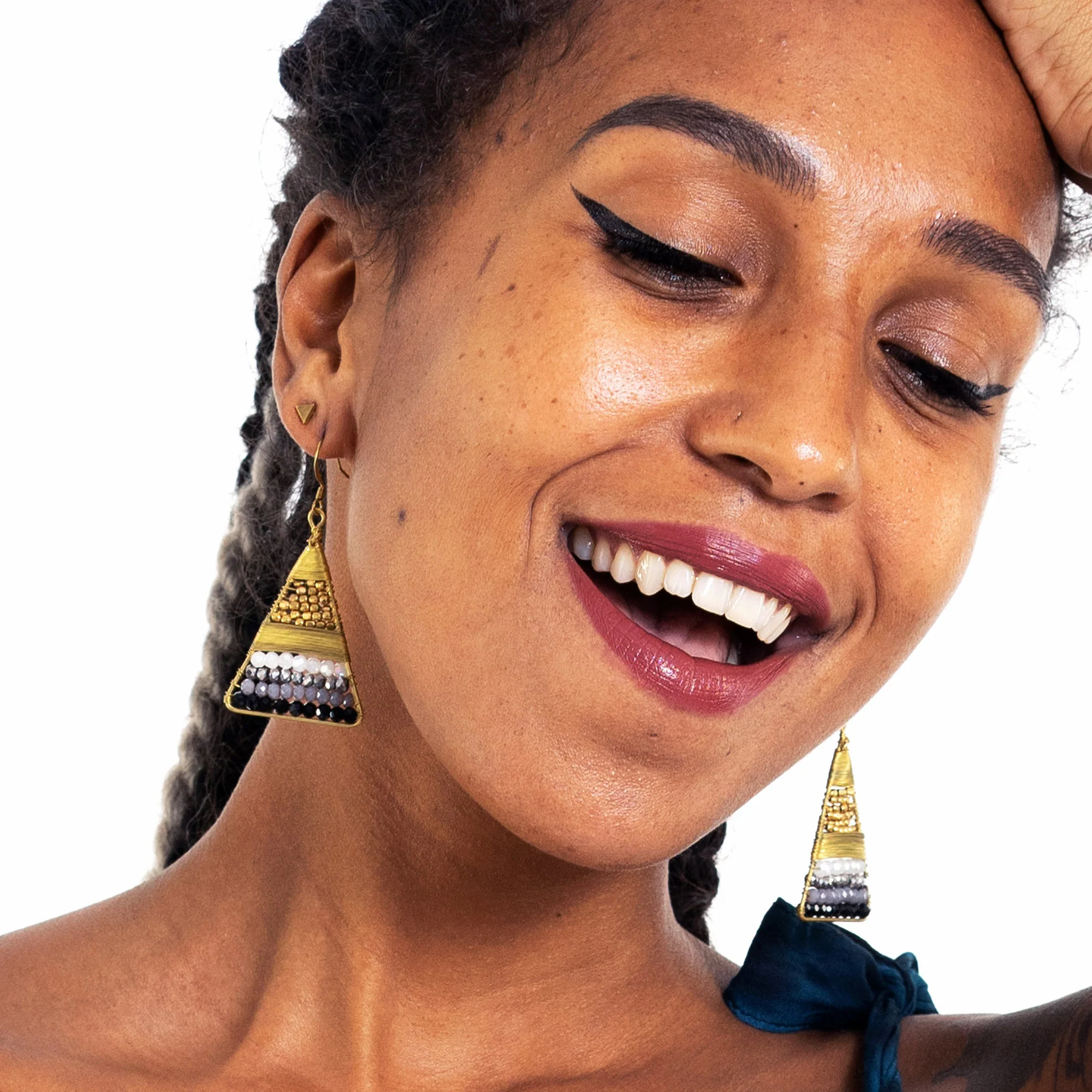 Triangle Black Beads Brass Earrings