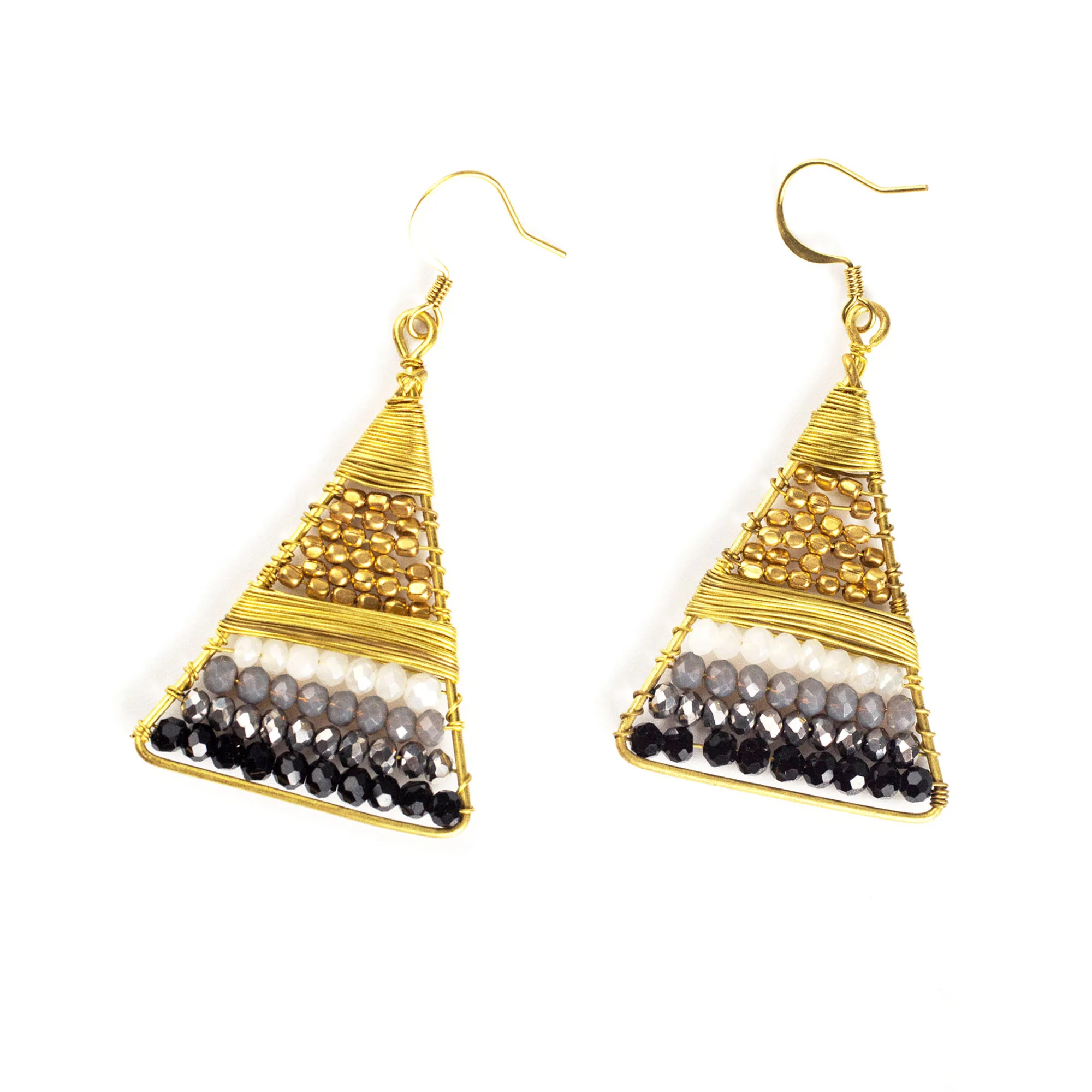 Triangle Black Beads Brass Earrings