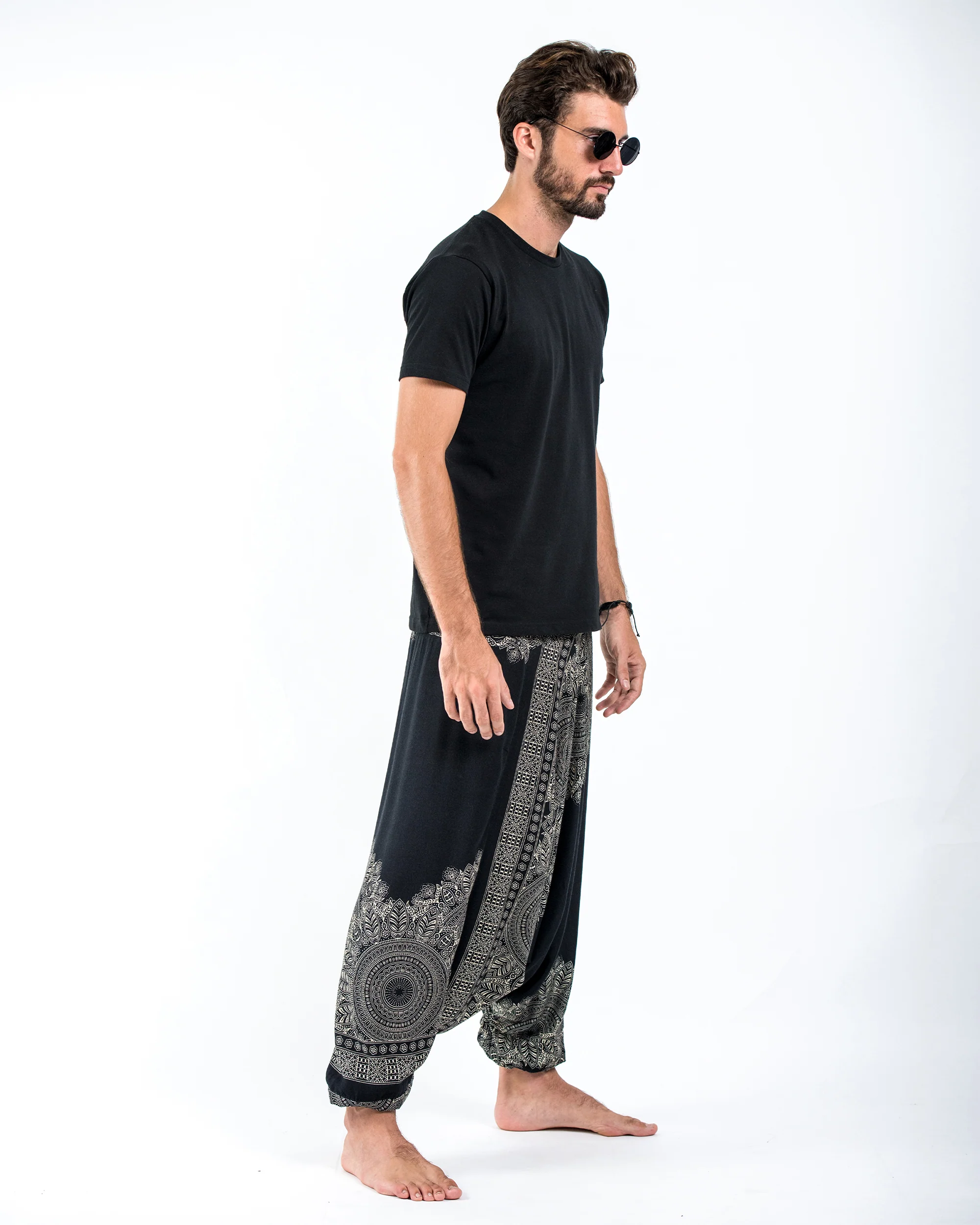551-Floral-Mandalas-Drop-Crotch-Men-s-Harem-Pants-in-Black-3.webp Floral Mandalas Drop Crotch Men's Harem Pants in Black