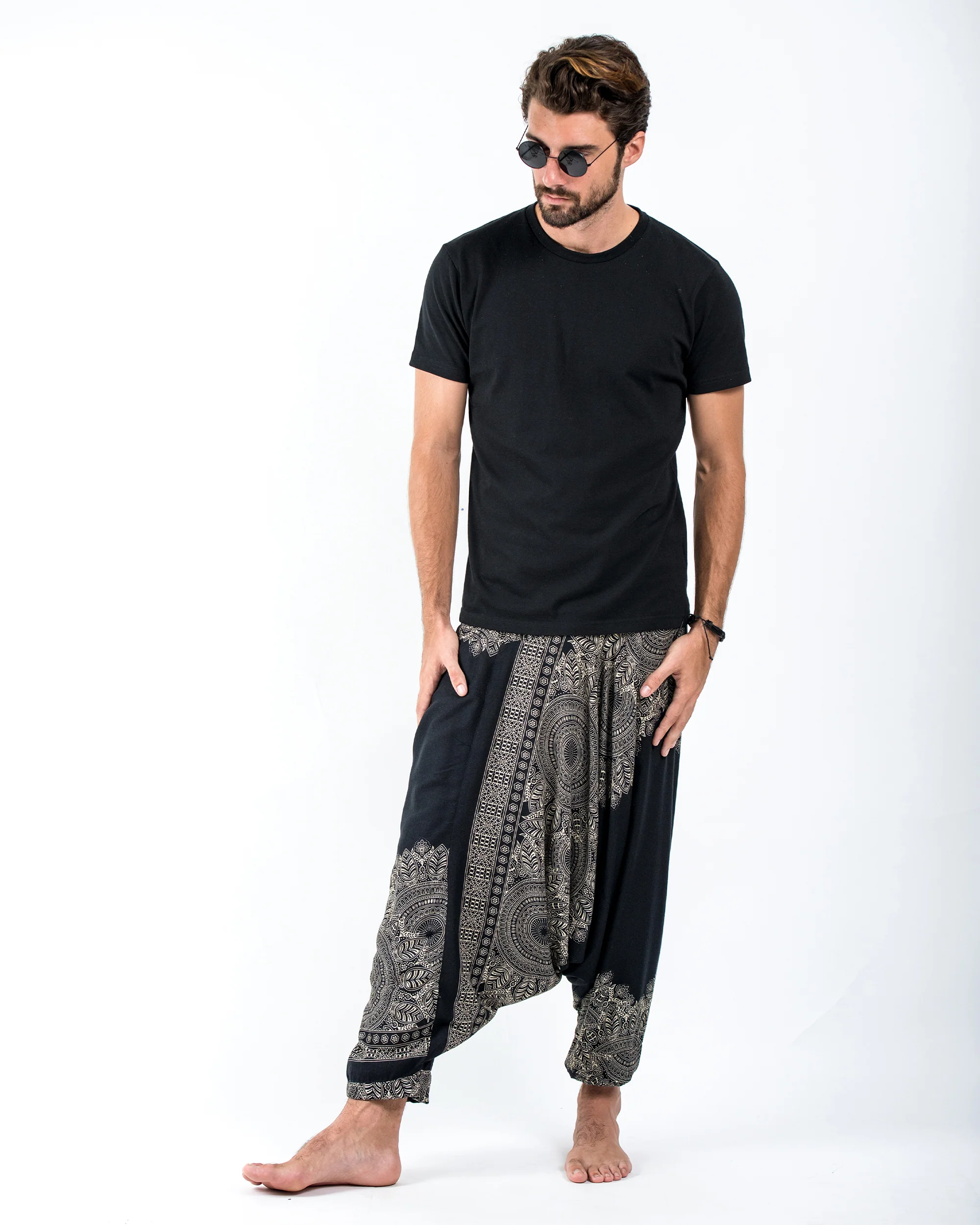 551-Floral-Mandalas-Drop-Crotch-Men-s-Harem-Pants-in-Black-4.webp Floral Mandalas Drop Crotch Men's Harem Pants in Black