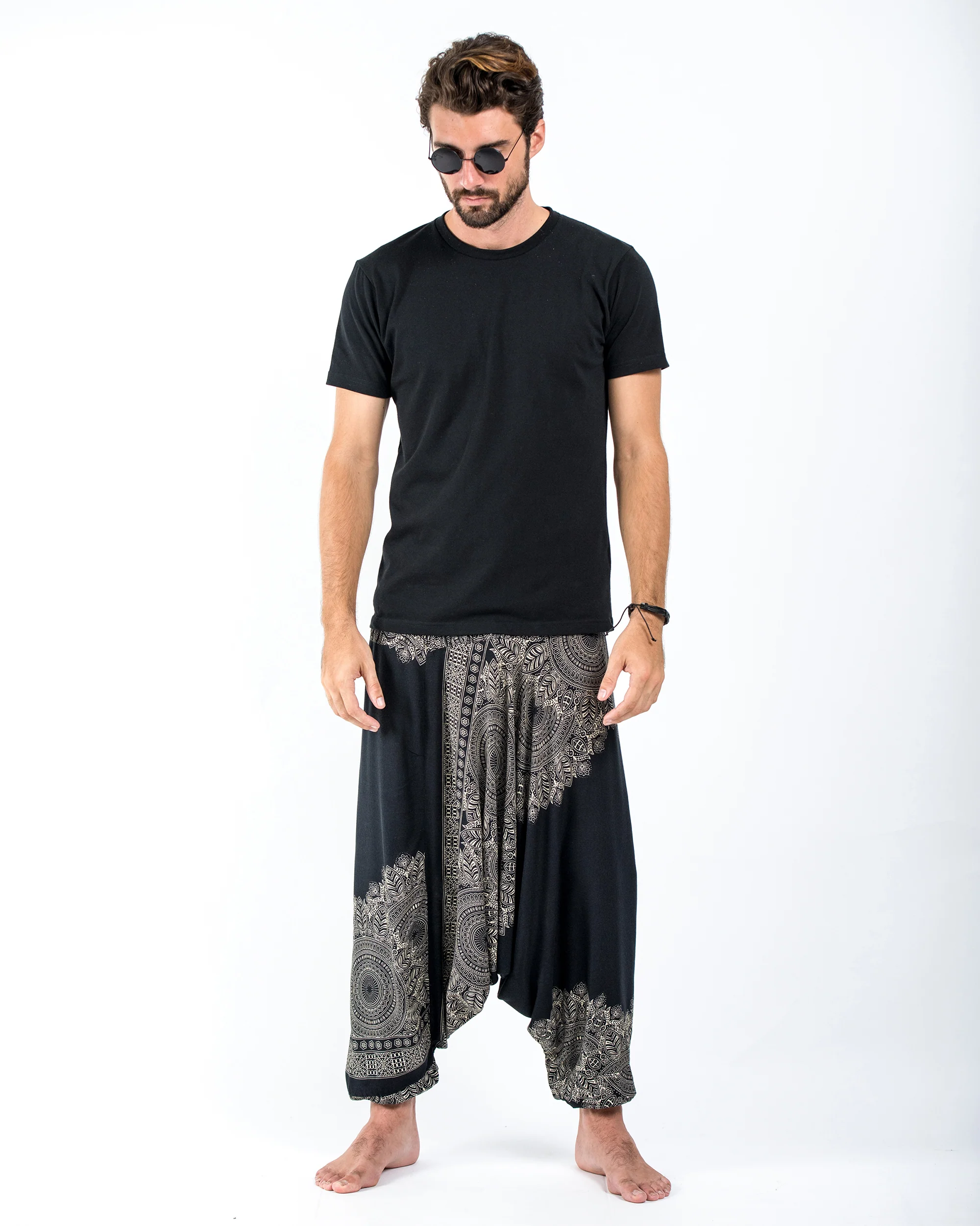 551-Floral-Mandalas-Drop-Crotch-Men-s-Harem-Pants-in-Black-5.webp Floral Mandalas Drop Crotch Men's Harem Pants in Black