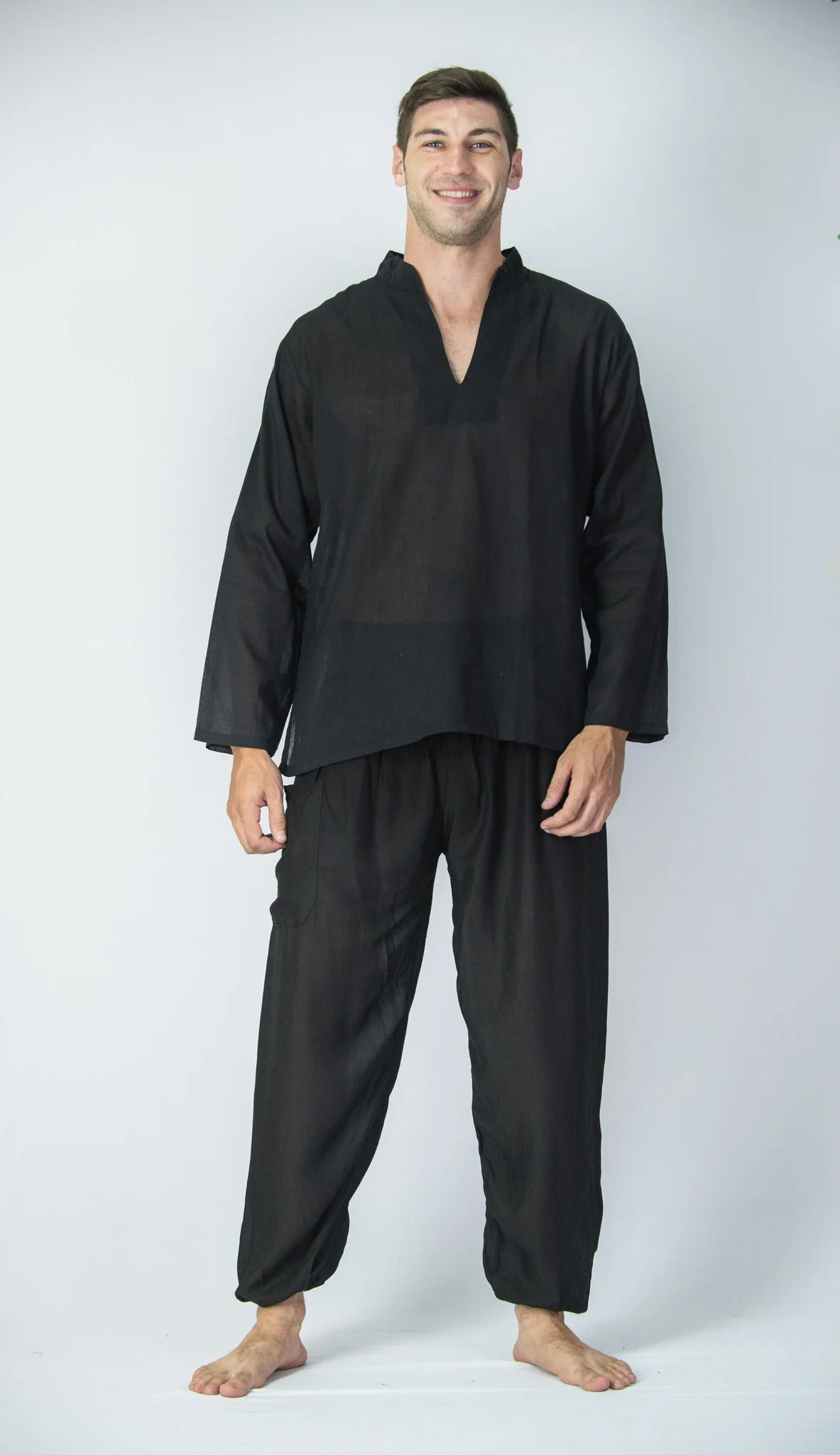 Mens Yoga Shirts Nehru Collared in Black