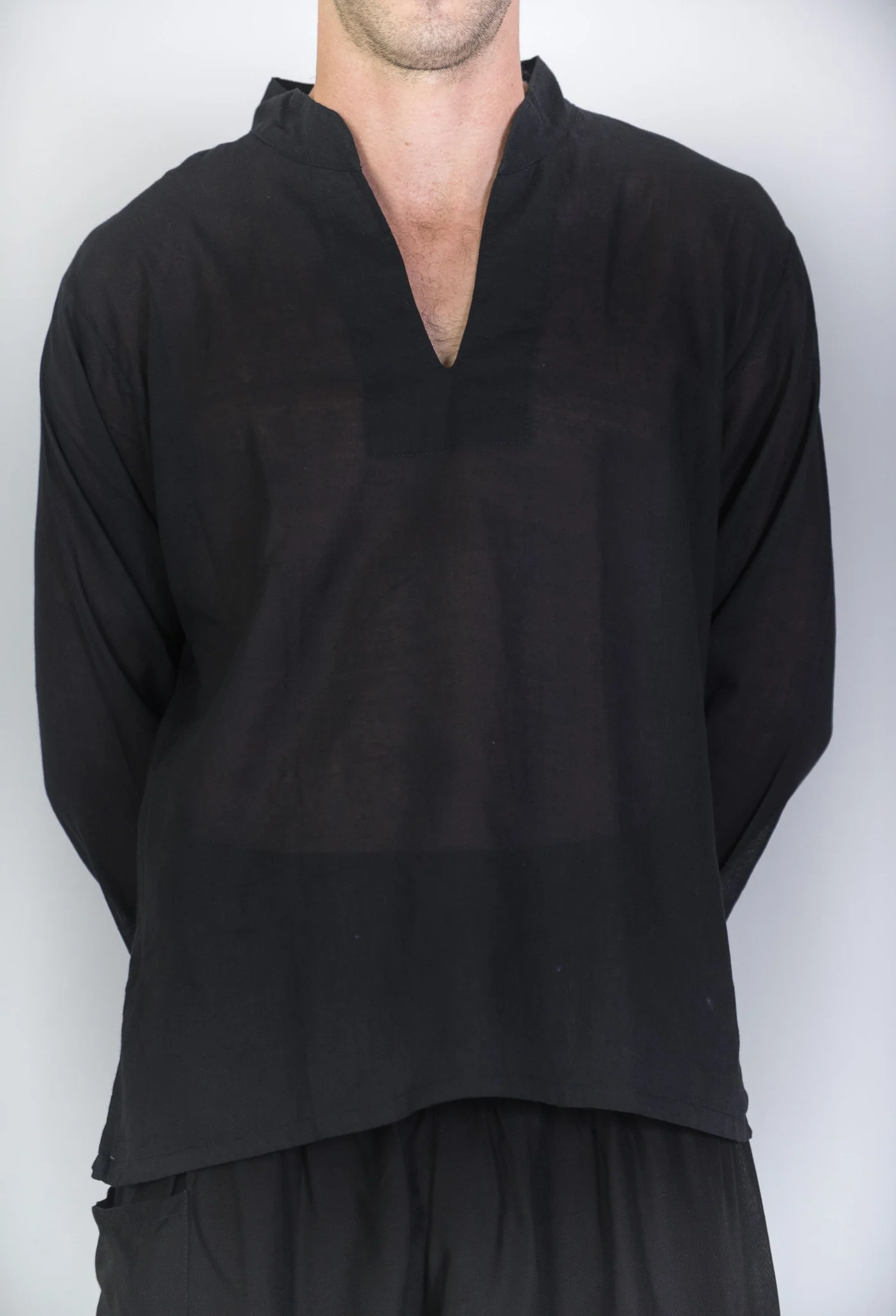 Mens Yoga Shirts Nehru Collared in Black