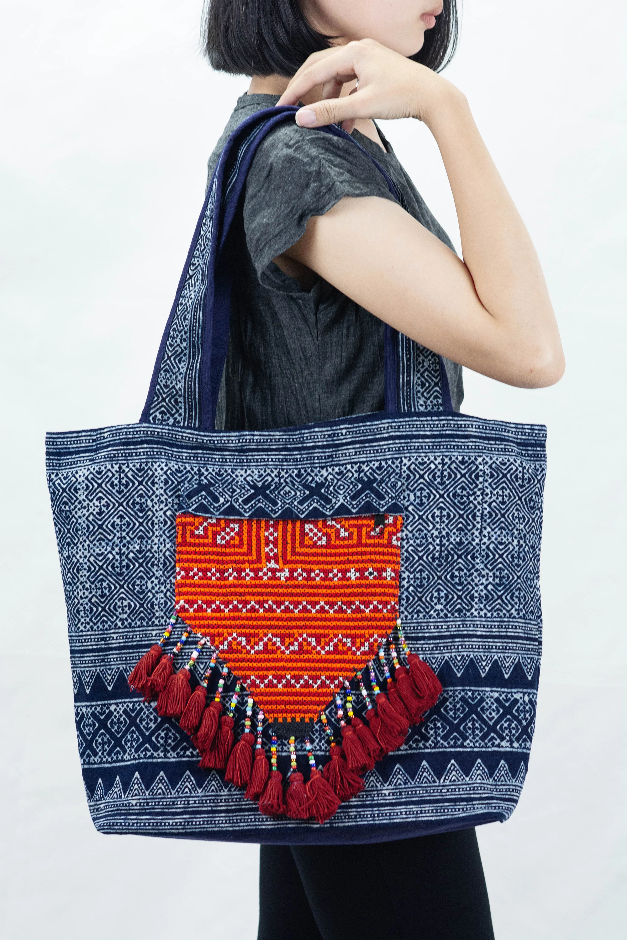 Hmong Indigo Batik and Embroidered Tote Bag with Maroon Tassels