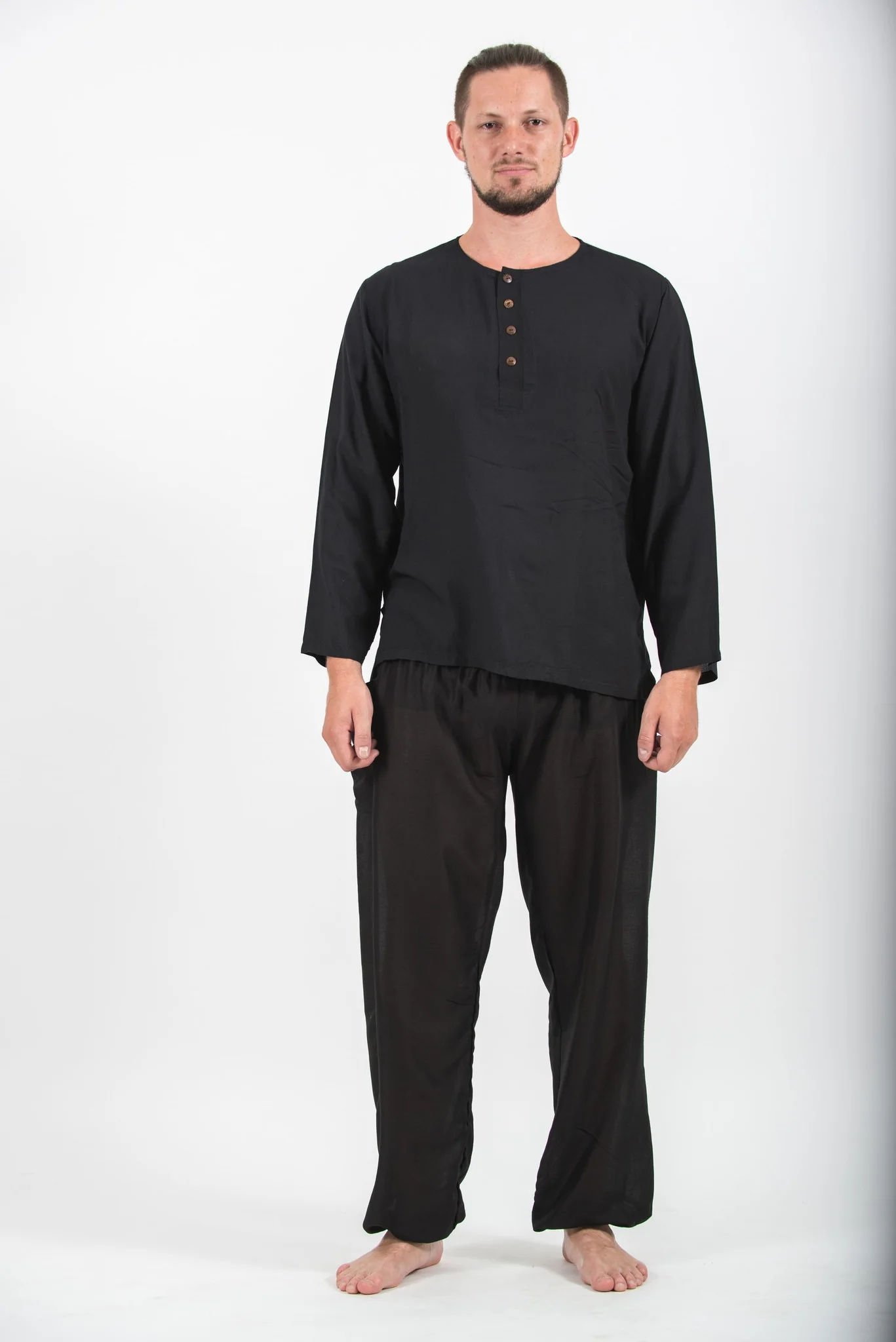 Mens Yoga Shirts No Collar with Coconut Buttons in Black