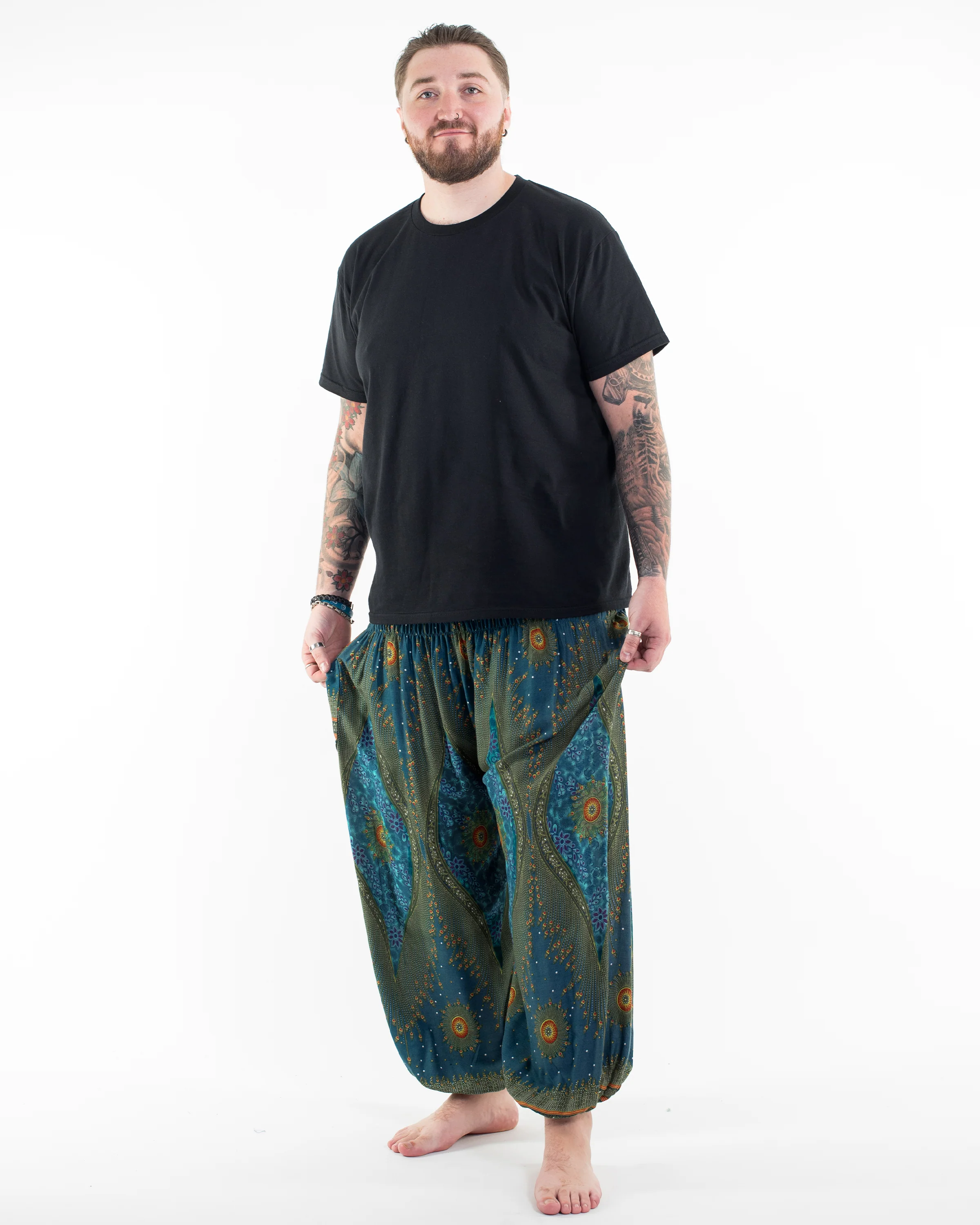 Plus Size Peacock Eye Men's Harem Pants in Turquoise