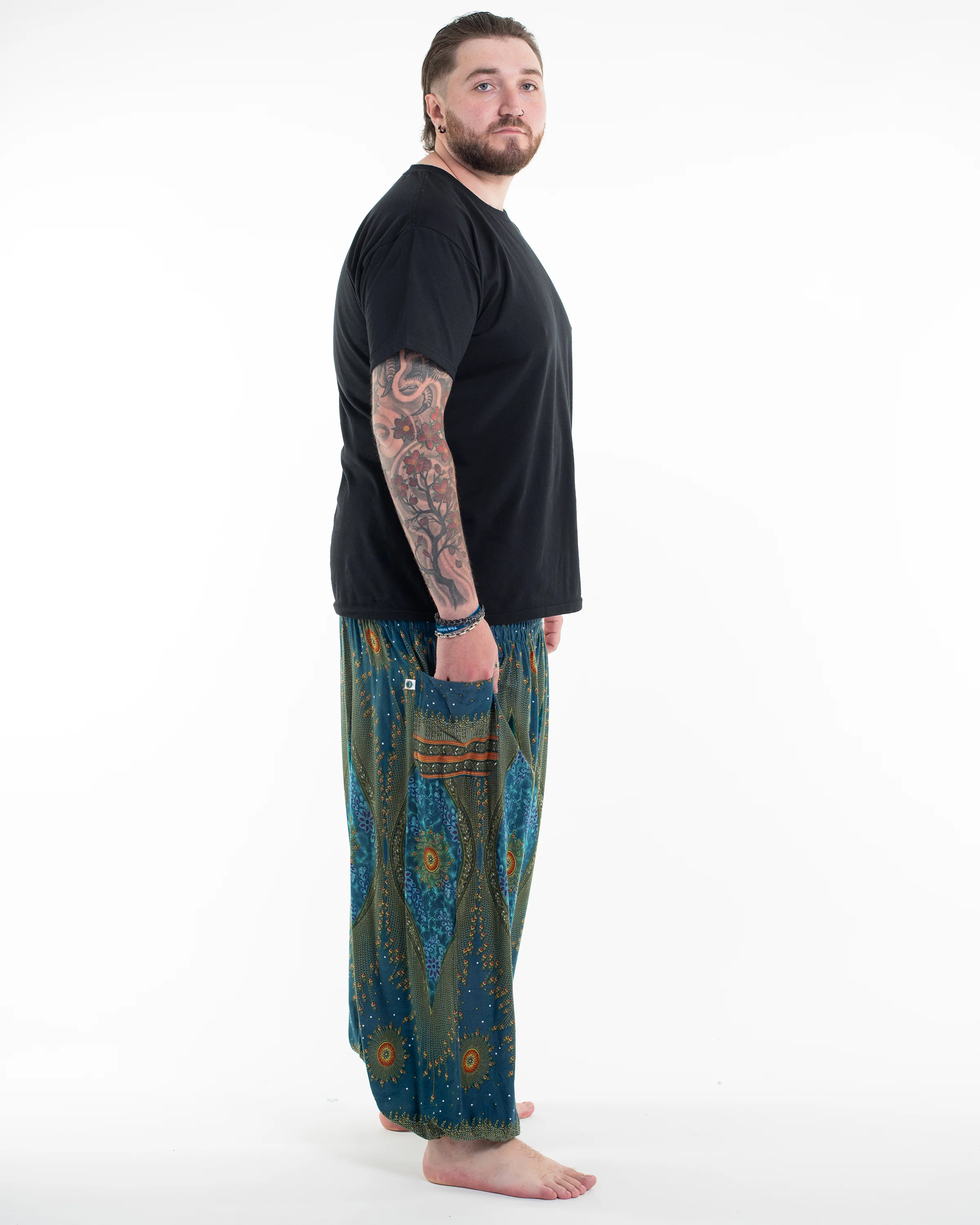 Plus Size Peacock Eye Men's Harem Pants in Turquoise