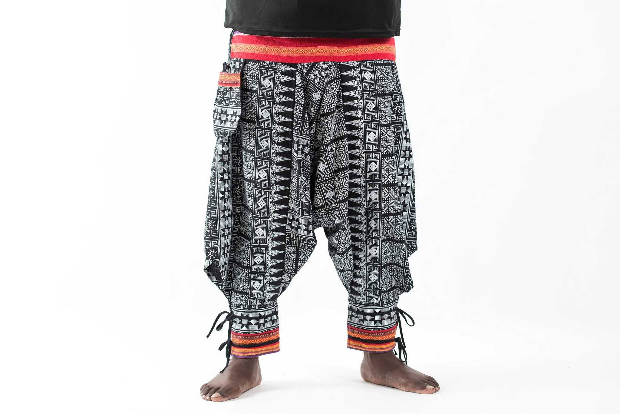 Plus Size Traditional Prints Thai Hill Tribe Fabric Men's Harem Pants with Ankle Straps