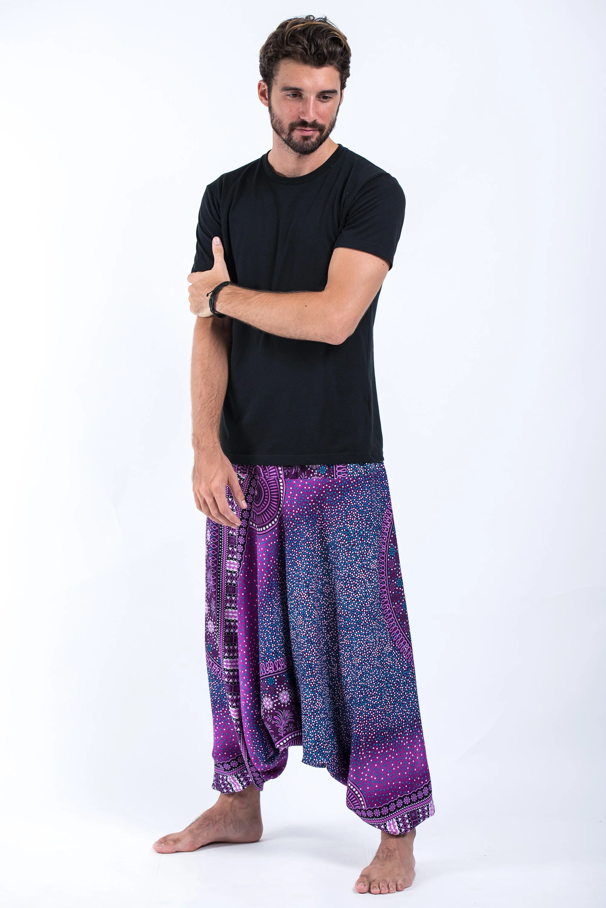 Tribal Chakras Drop Crotch Men's Harem Pants in Purple