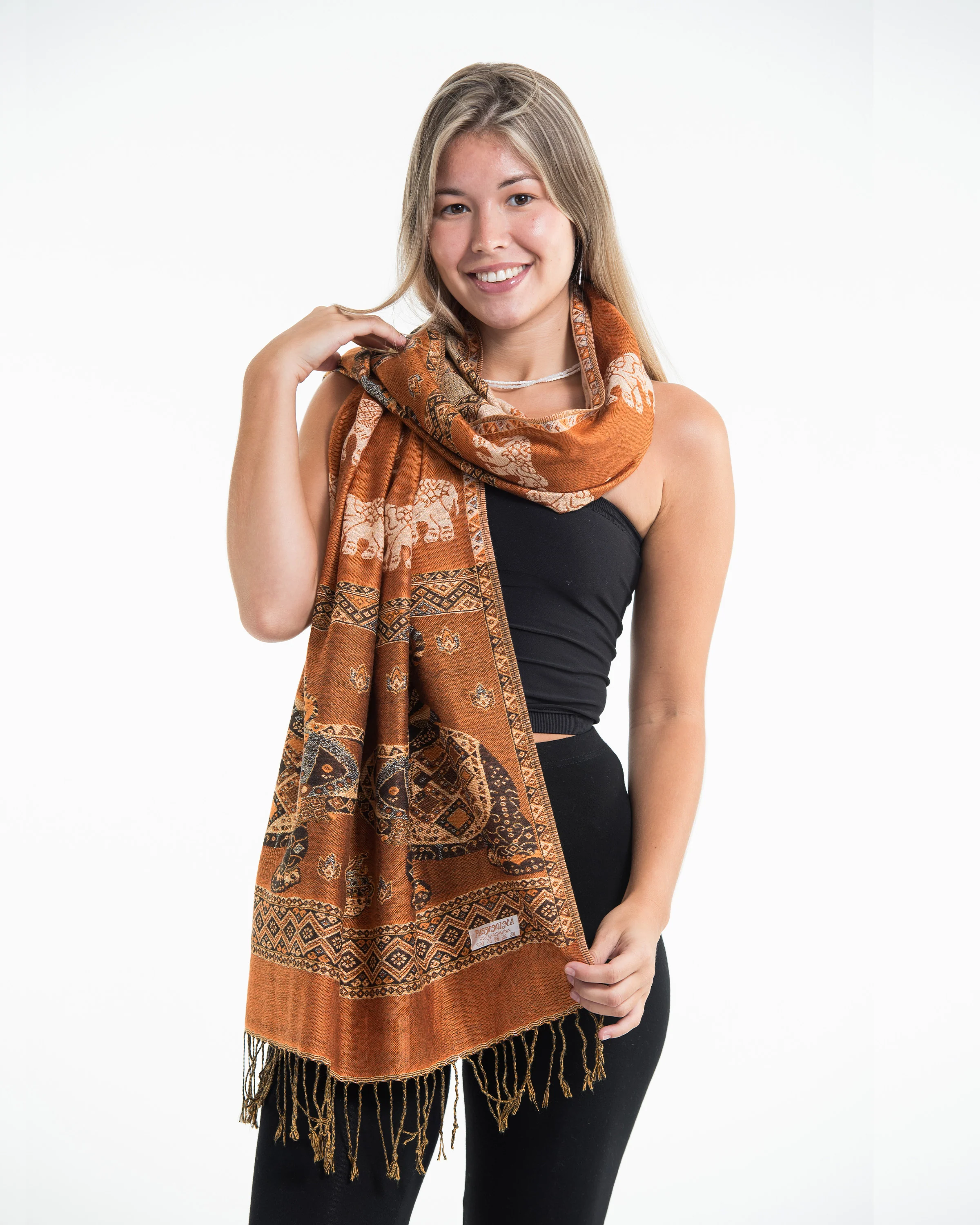 Nepal Elephant Pashmina Shawl Scarf in Rust