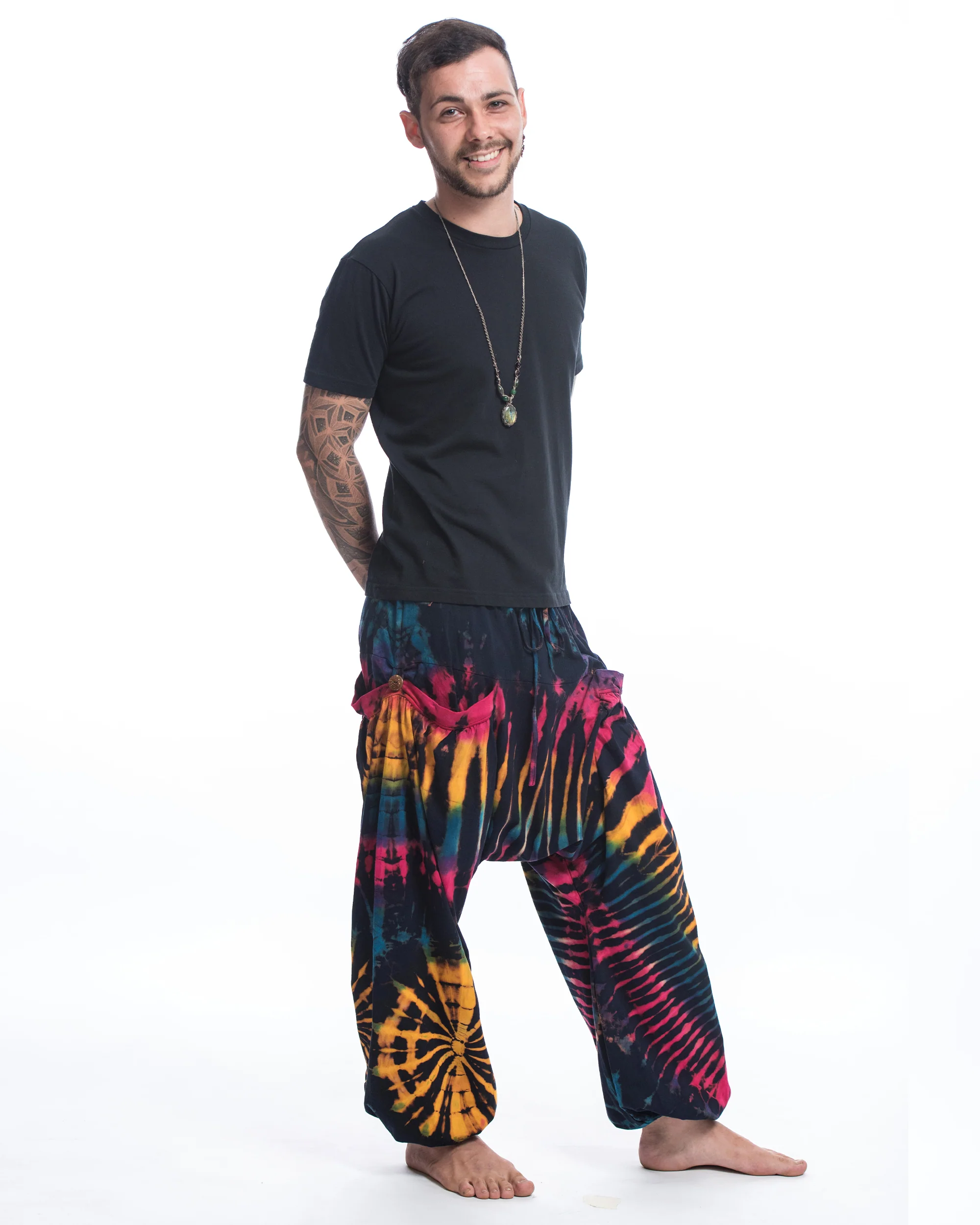 609-Tie-Dye-Cotton-Men-Harem-Pants-in-Navy-Rainbow-3.webp Tie Dye Cotton Men Harem Pants in Navy Rainbow
