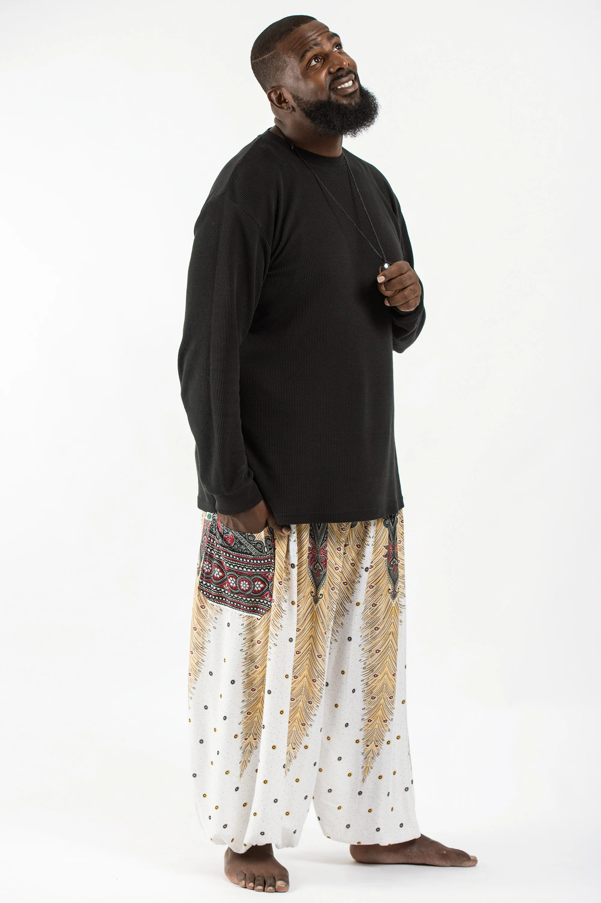 614-Plus-Size-Peacock-Feathers-Men-s-Harem-Pants-in-White-3.webp Plus Size Peacock Feathers Men's Harem Pants in White