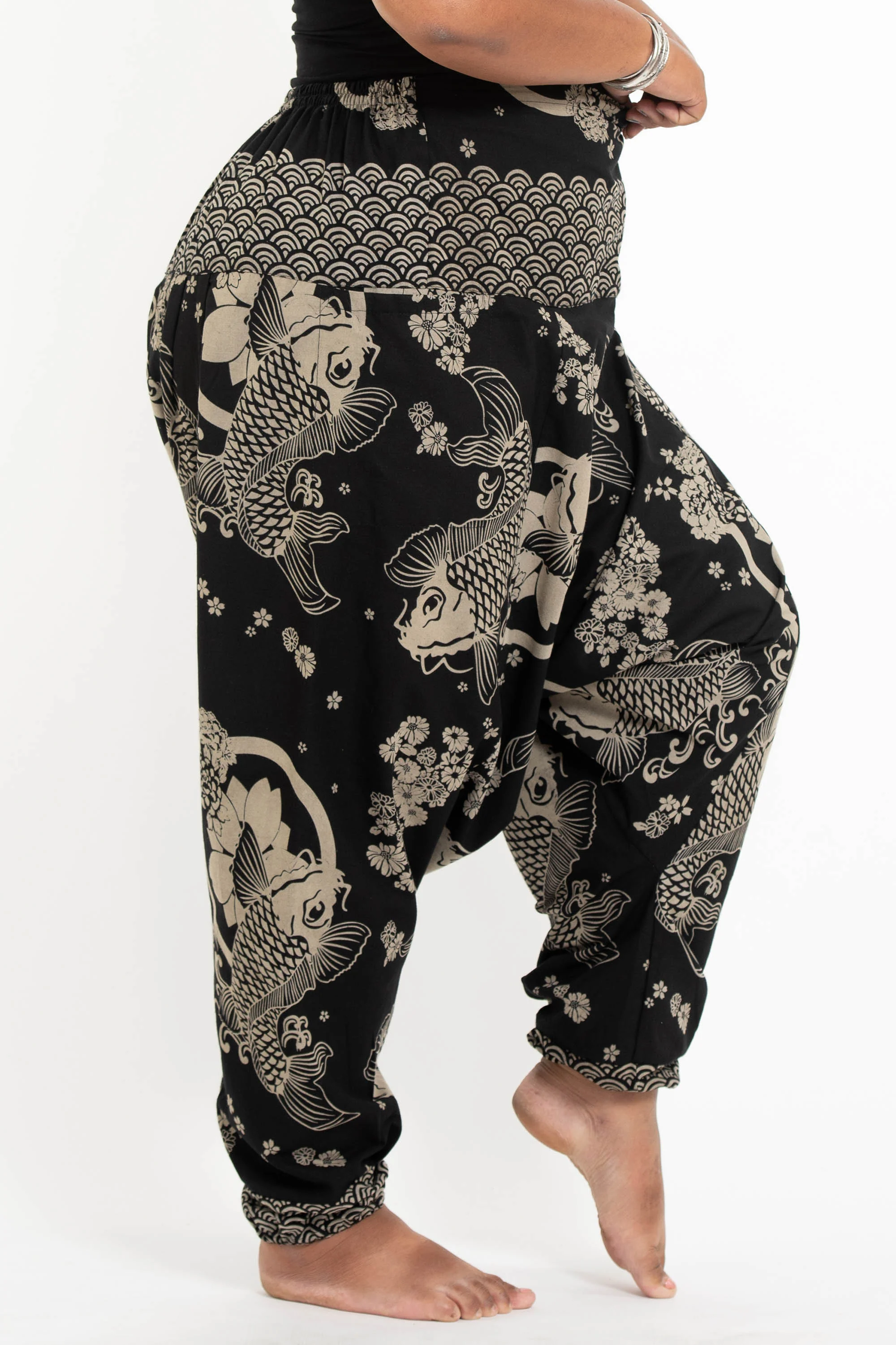 621-Plus-Size-Hill-Tribe-Koi-Fish-Print-Men-s-Harem-Pants-in-Black-3.webp Plus Size Hill Tribe Koi Fish Print Men's Harem Pants in Black