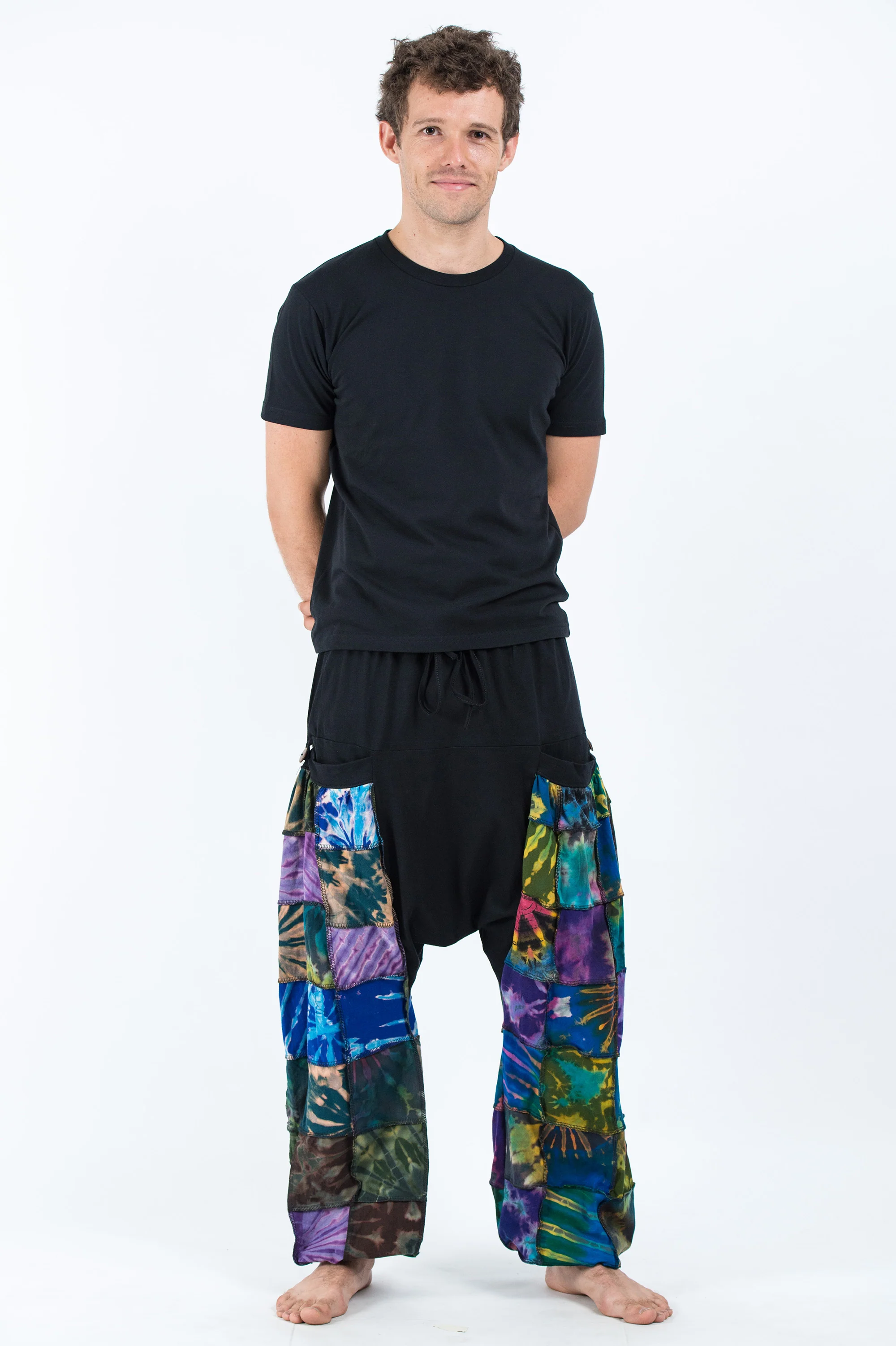 Tie Dye Cotton Men Harem Pants in Patchwork Black