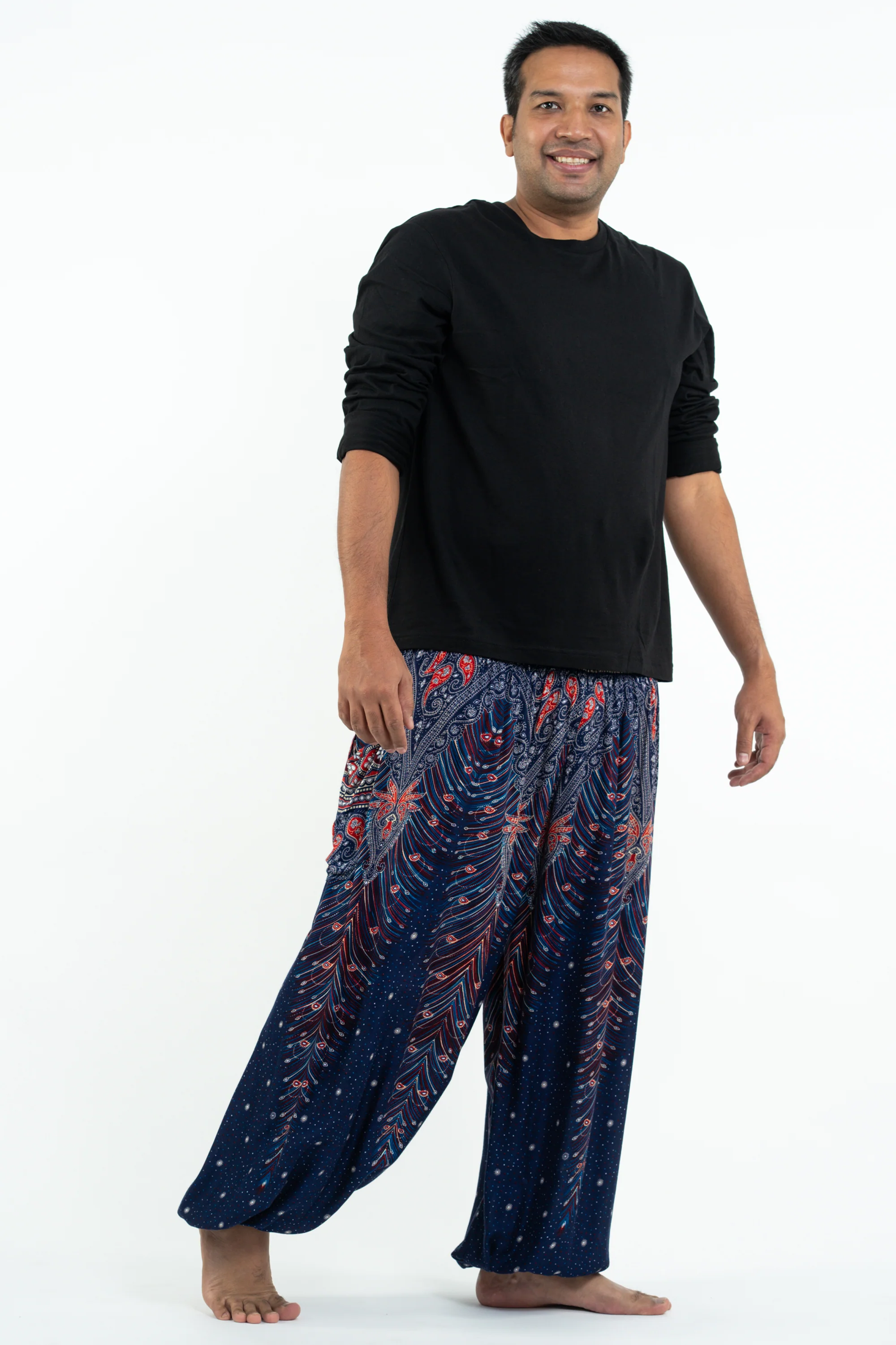 631-Plus-Size-Peacock-Feathers-Men-s-Harem-Pants-in-Blue-3.webp Plus Size Peacock Feathers Men's Harem Pants in Blue