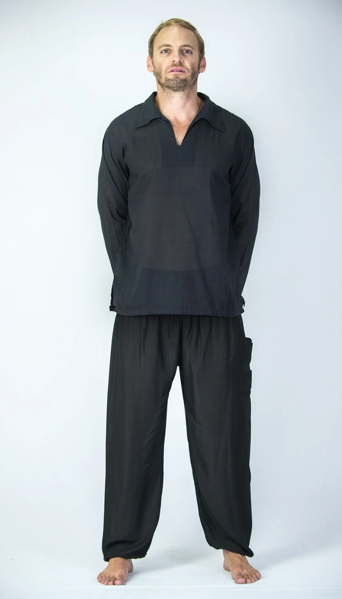Mens Yoga Shirts Collar V Neck in Black