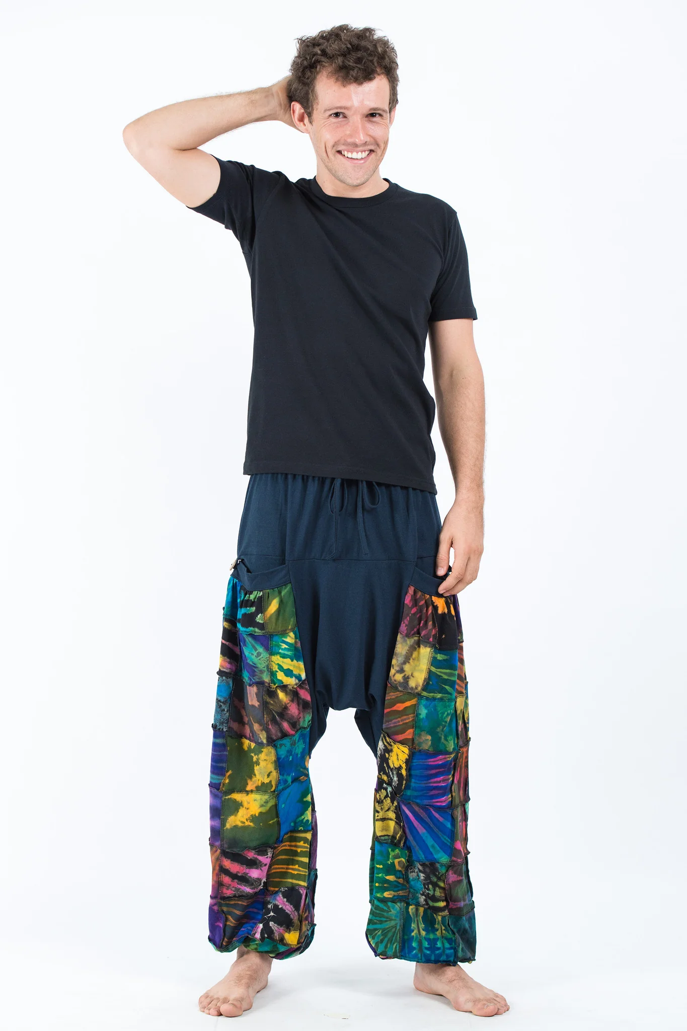 641-Tie-Dye-Cotton-Men-Harem-Pants-in-Patchwork-Blue-4.webp Tie Dye Cotton Men Harem Pants in Patchwork Blue