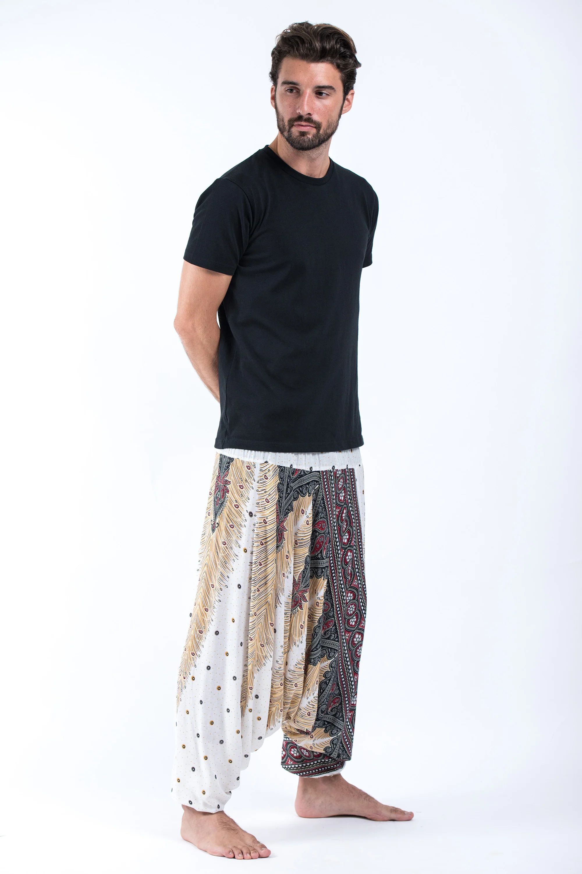 651-Peacock-Feathers-Drop-Crotch-Men-s-Harem-Pants-in-White-3.webp Peacock Feathers Drop Crotch Men's Harem Pants in White