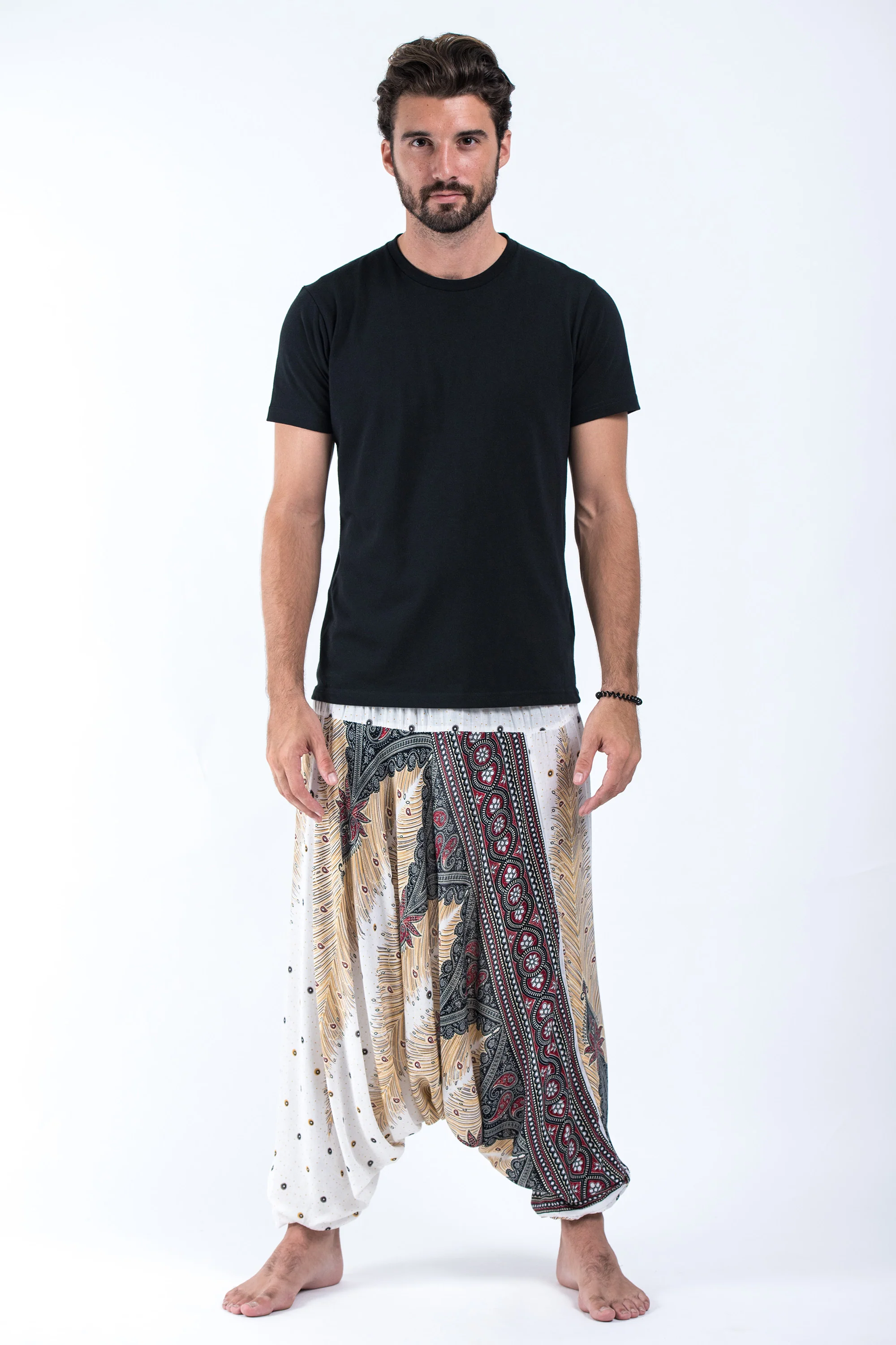 651-Peacock-Feathers-Drop-Crotch-Men-s-Harem-Pants-in-White-4.webp Peacock Feathers Drop Crotch Men's Harem Pants in White