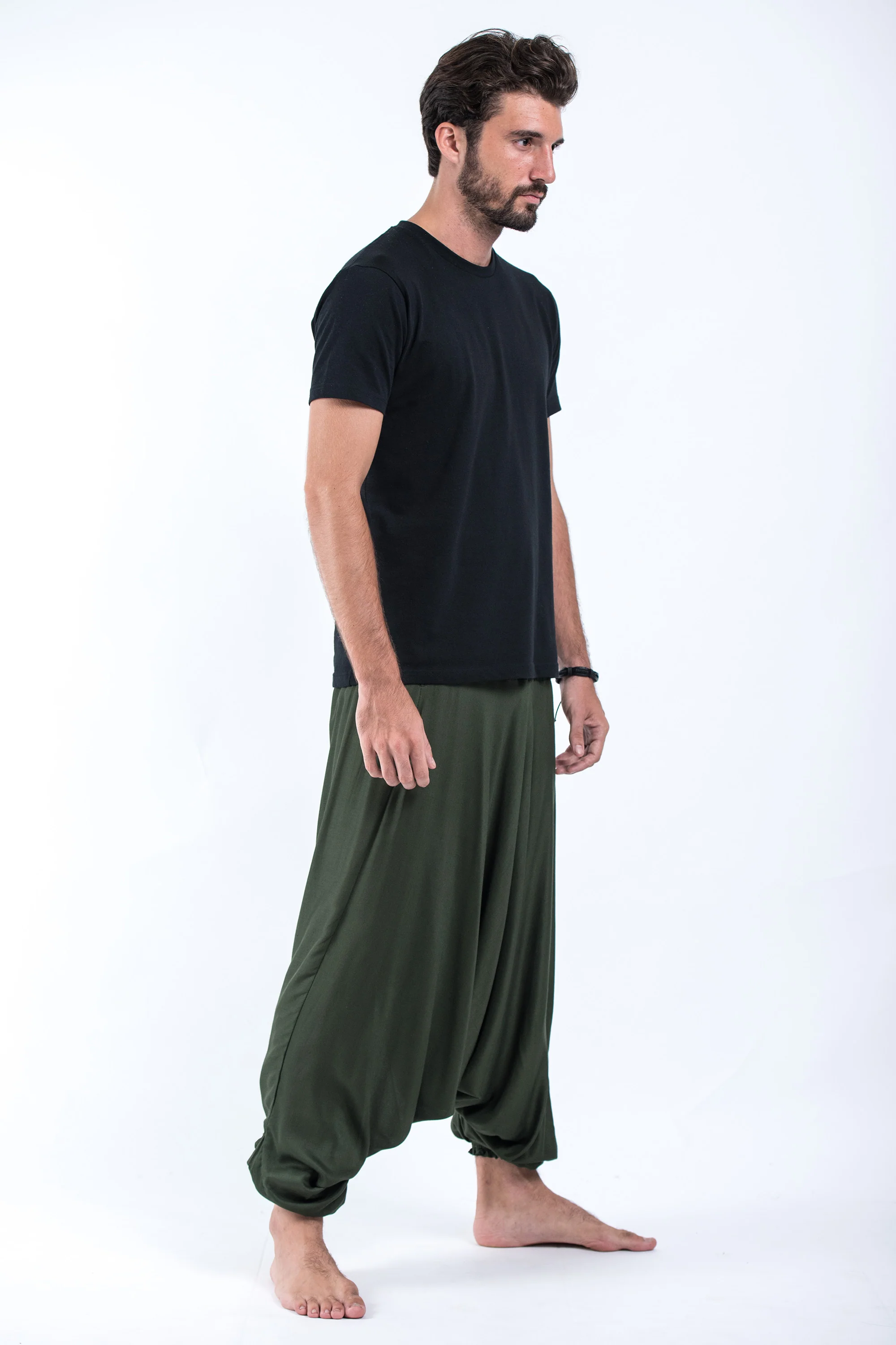 657-Solid-Color-Drop-Crotch-Men-s-Harem-Pants-in-Dark-Green-3.webp Solid Color Drop Crotch Men's Harem Pants in Dark Green