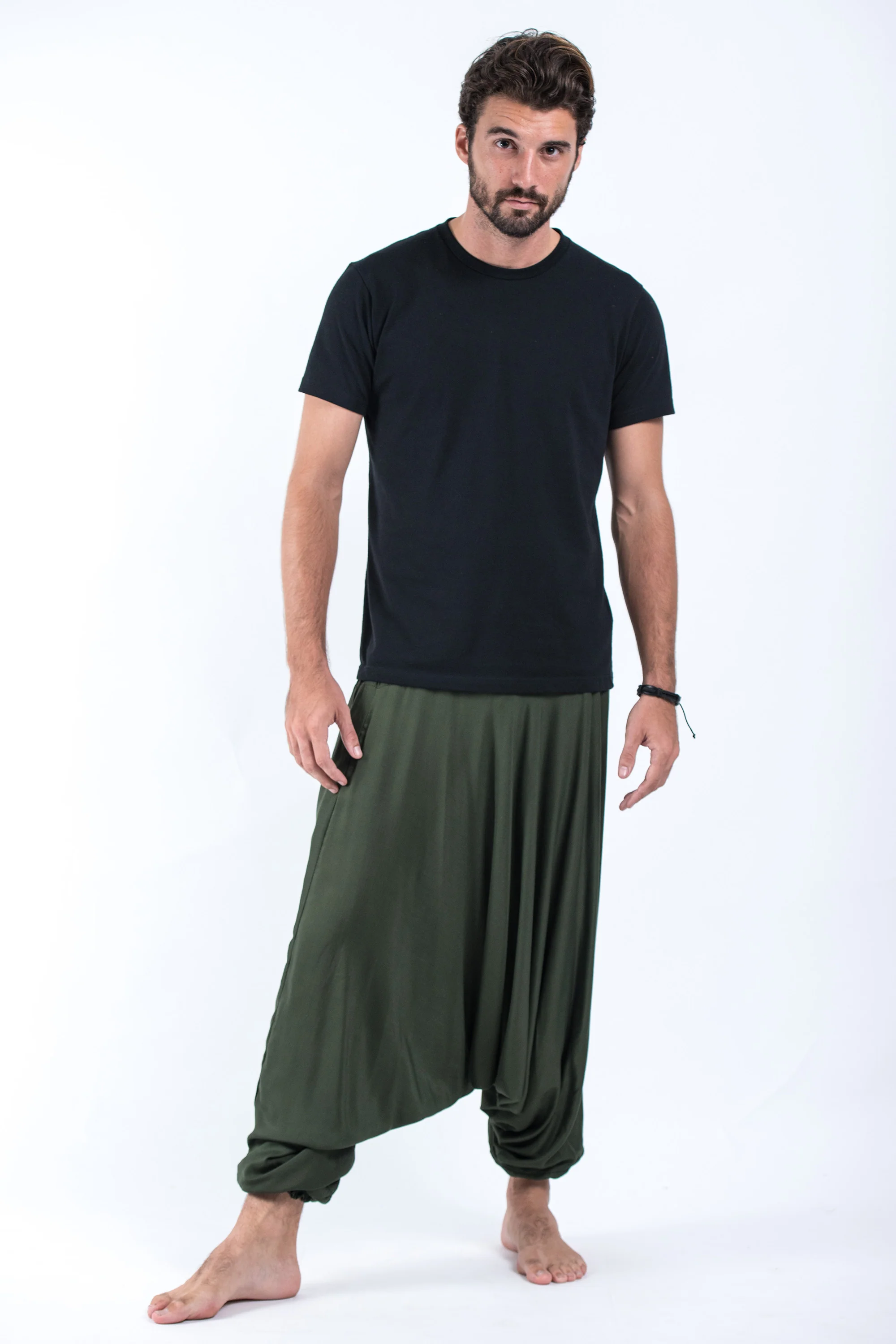 657-Solid-Color-Drop-Crotch-Men-s-Harem-Pants-in-Dark-Green-4.webp Solid Color Drop Crotch Men's Harem Pants in Dark Green