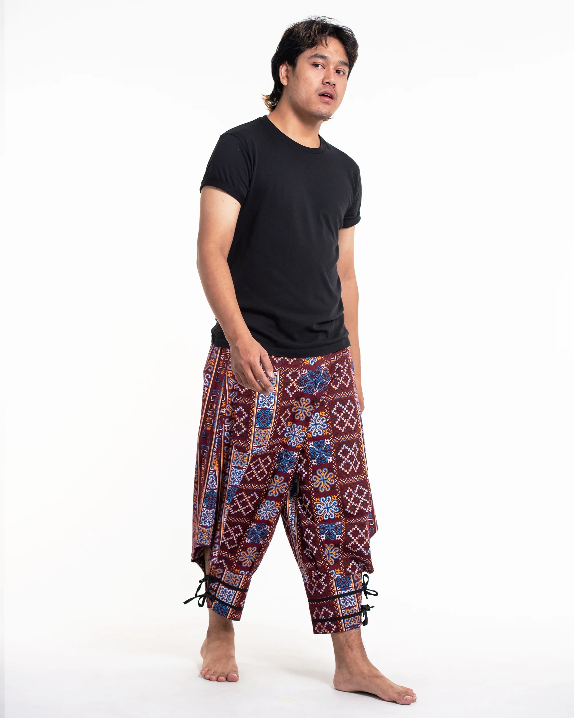 660-Clovers-Thai-Hill-Tribe-Fabric-Men-s-Harem-Pants-with-Ankle-Straps-in-Burgundy-3.webp Clovers Thai Hill Tribe Fabric Men's Harem Pants with Ankle Straps in Burgundy