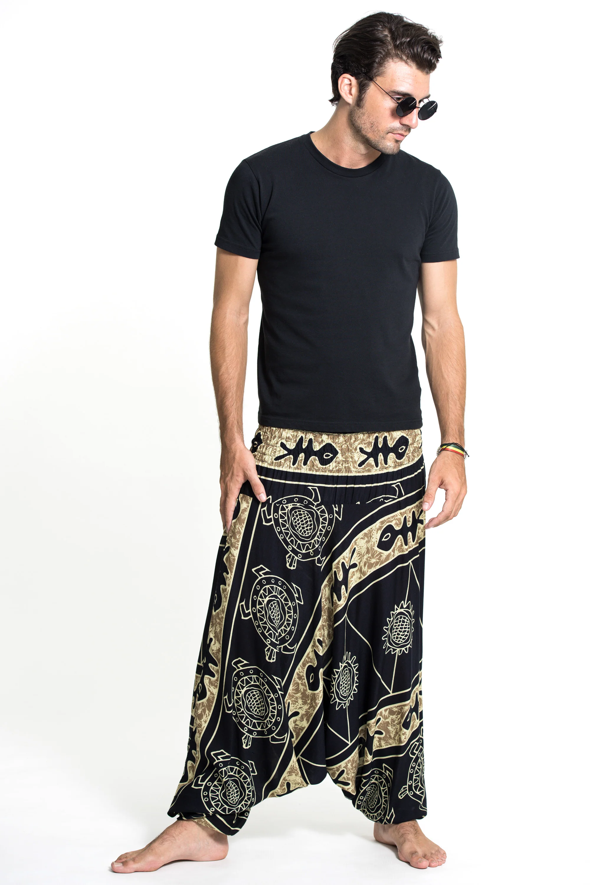 663-Turtle-Print-Drop-Crotch-Men-s-Harem-Pants-in-Gold-3.webp Turtle Print Drop Crotch Men's Harem Pants in Gold