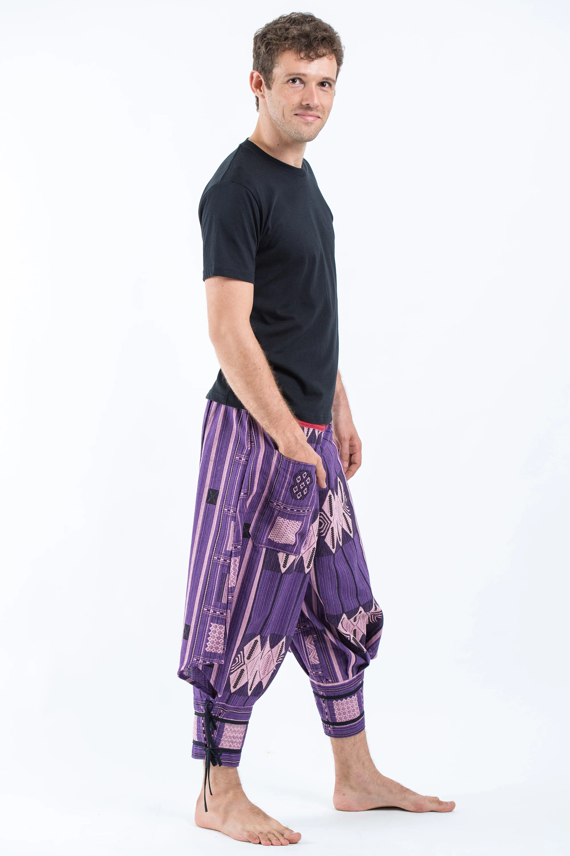 670-Thai-Hill-Tribe-Fabric-Men-s-Harem-Pants-with-Ankle-Straps-in-Purple-3.webp Thai Hill Tribe Fabric Men's Harem Pants with Ankle Straps in Purple