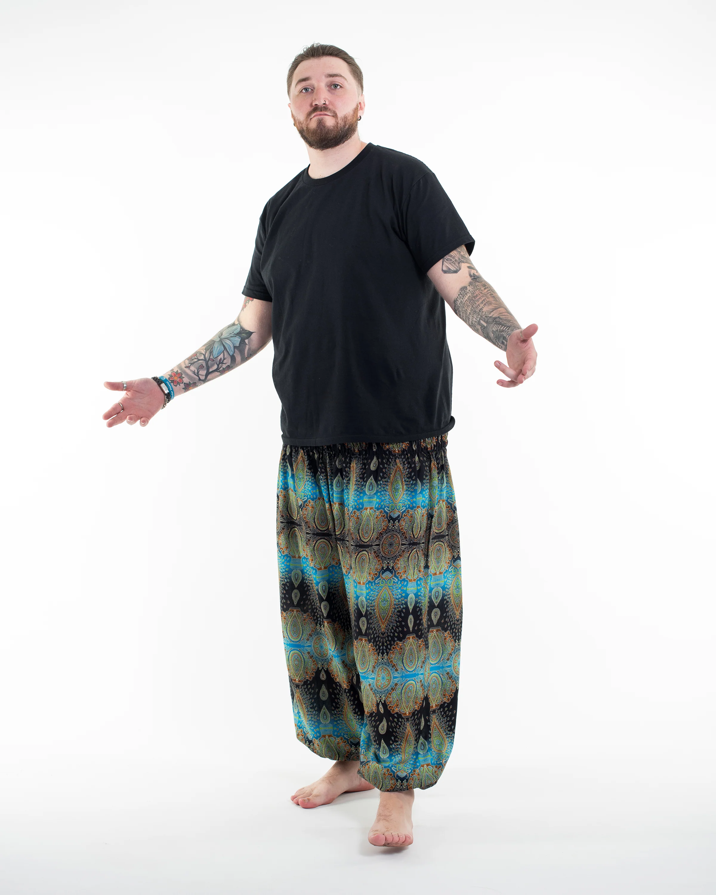 Plus Size Paisley Men's Harem Pants in Turquoise