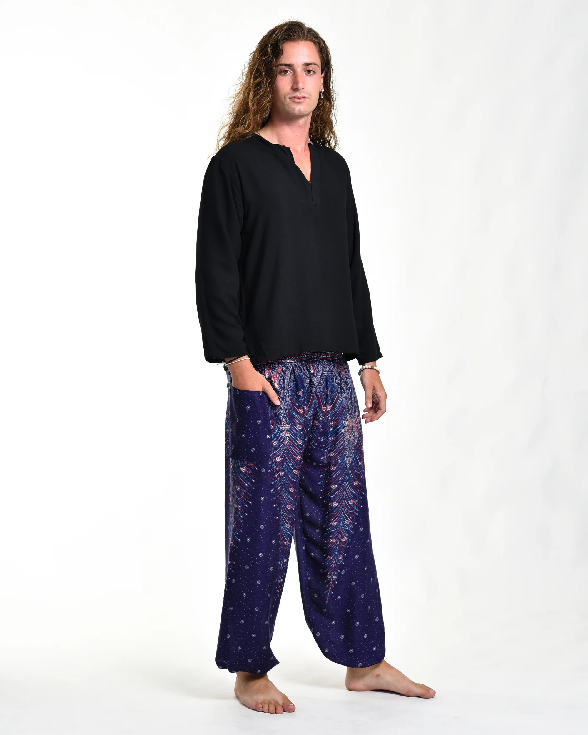 689-Peacock-Feathers-Men-s-Harem-Pants-in-Blue-3.webp Peacock Feathers Men's Harem Pants in Blue