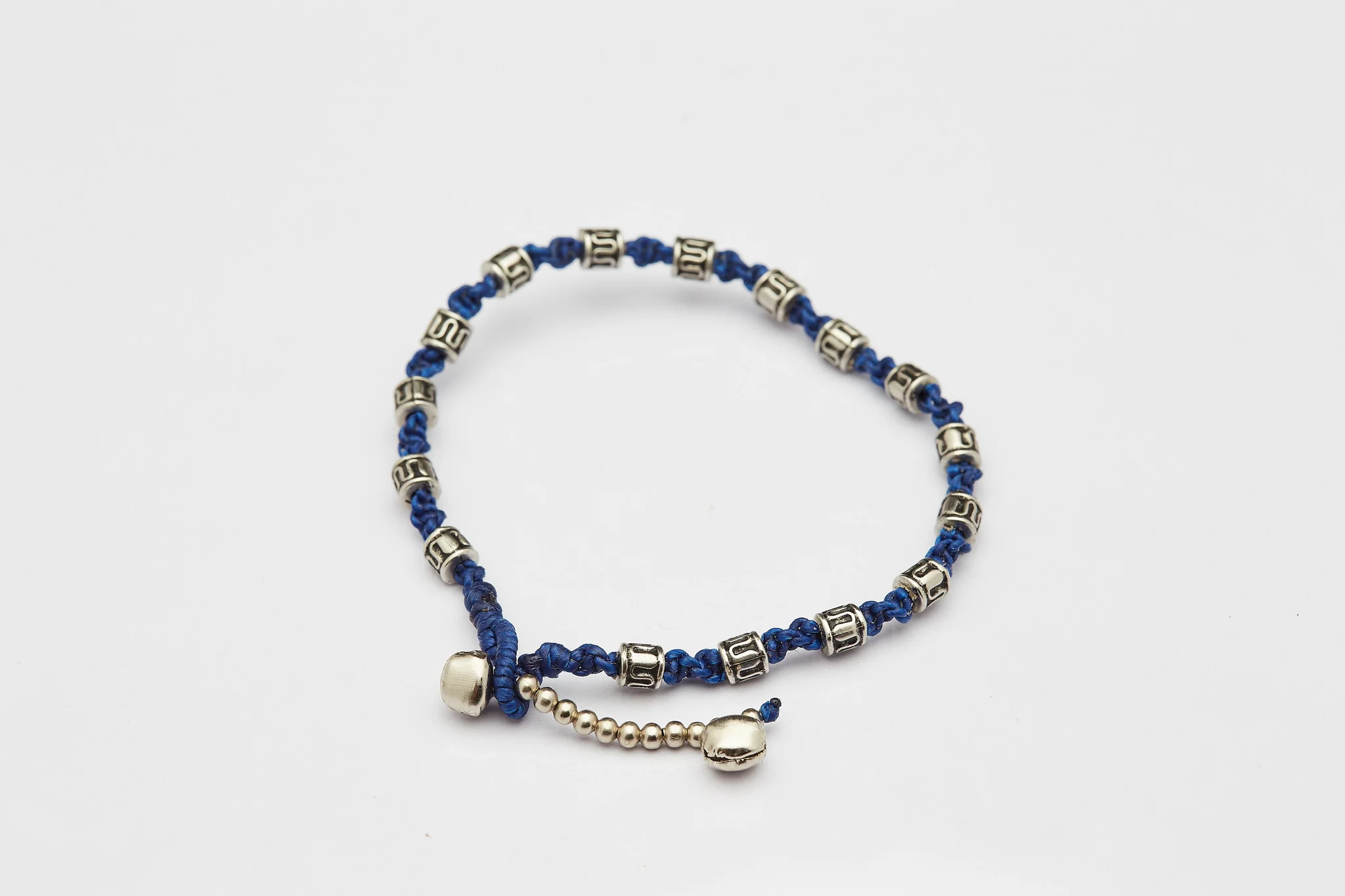 Hand Made Fair Trade Anklet Waxed Cotton Silver Beads Blue