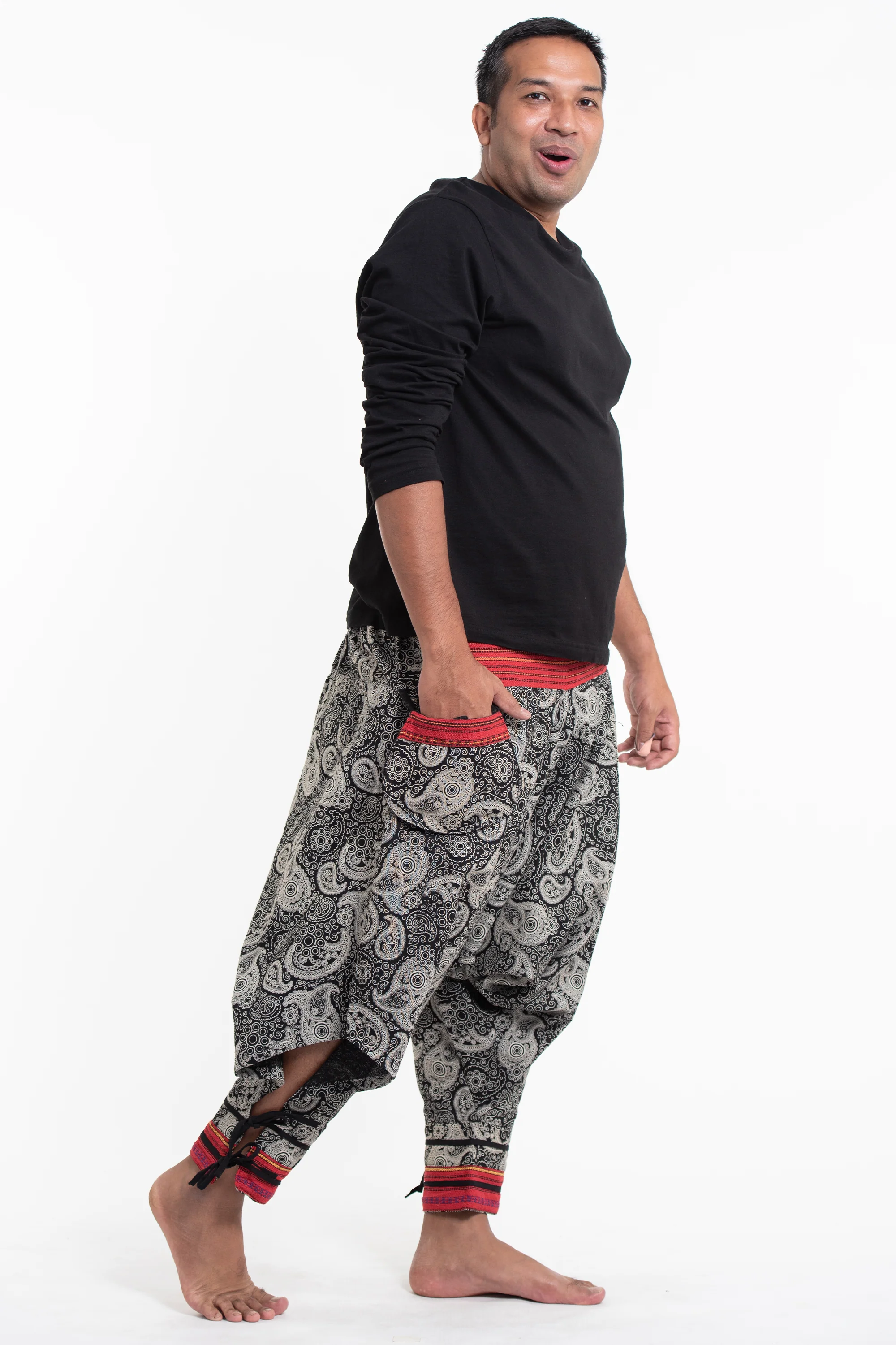 706-Plus-Size-Paisley-Thai-Hill-Tribe-Fabric-Men-s-Harem-Pants-with-Ankle-Straps-3.webp Plus Size Paisley Thai Hill Tribe Fabric Men's Harem Pants with Ankle Straps