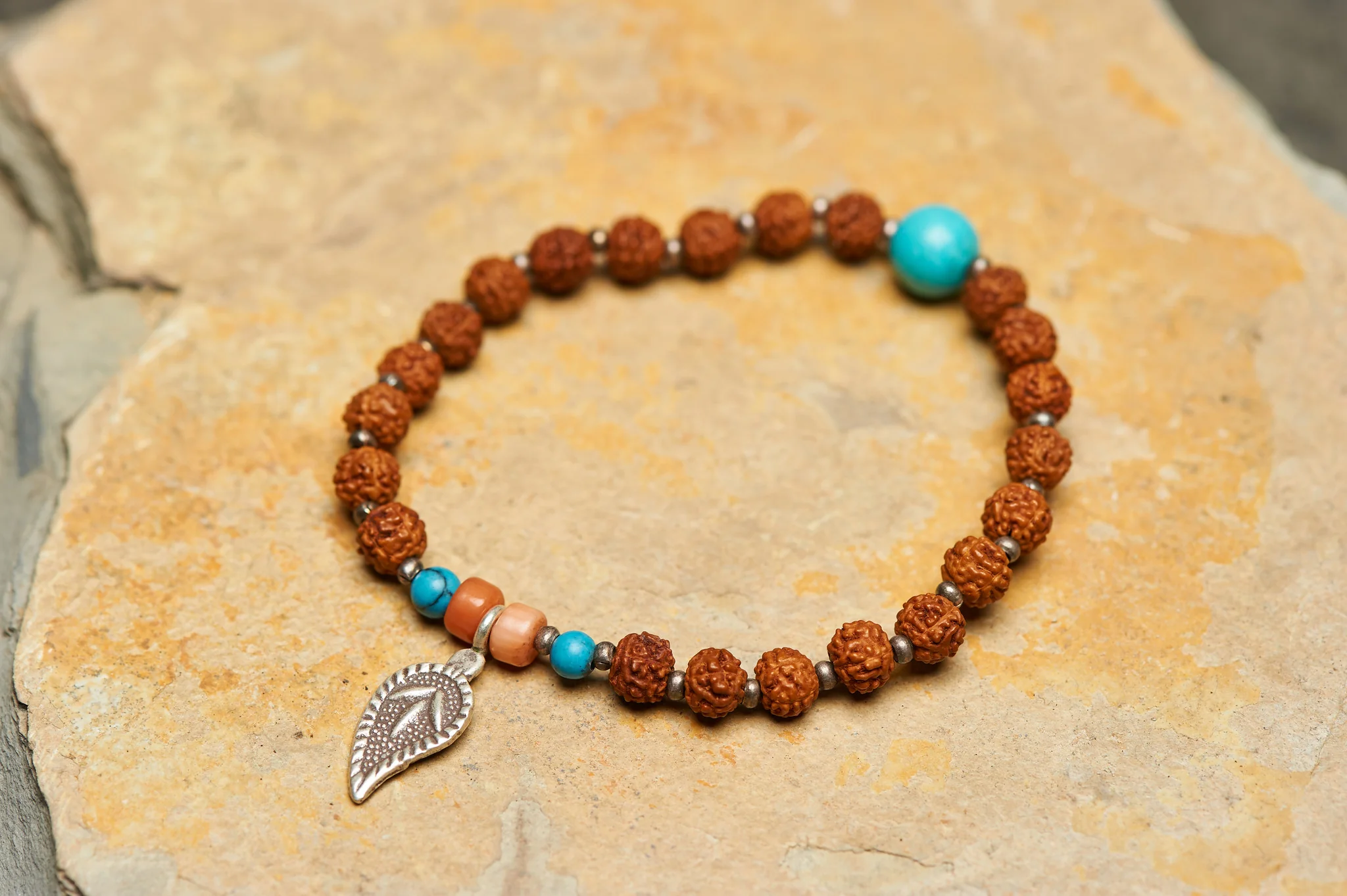 Rudraksha mixed Coral and Turquoise Bracelet With Sacred Leaf Silver Charm