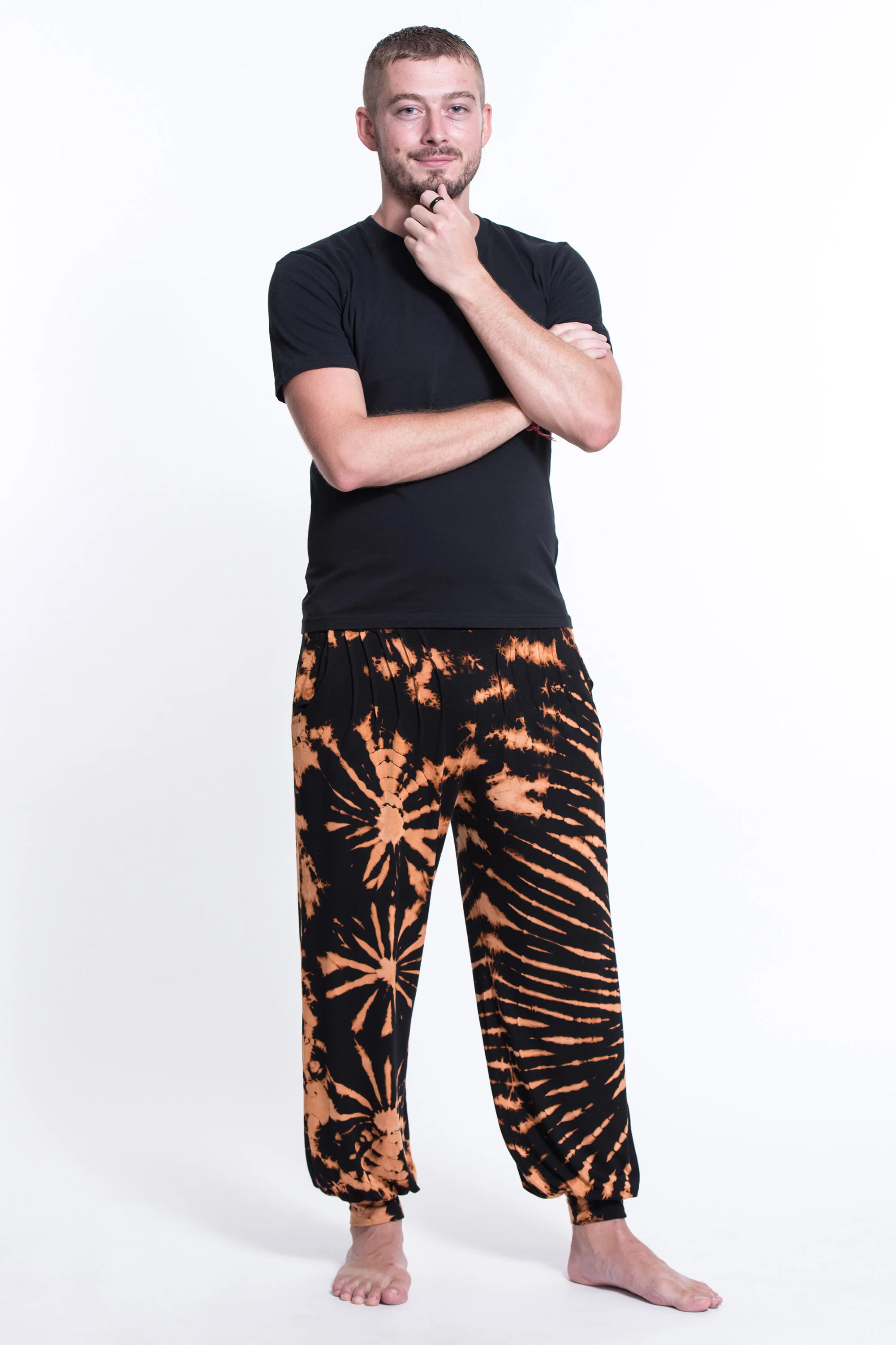 Tie Dye Cotton Men Harem Pants in Black Orange