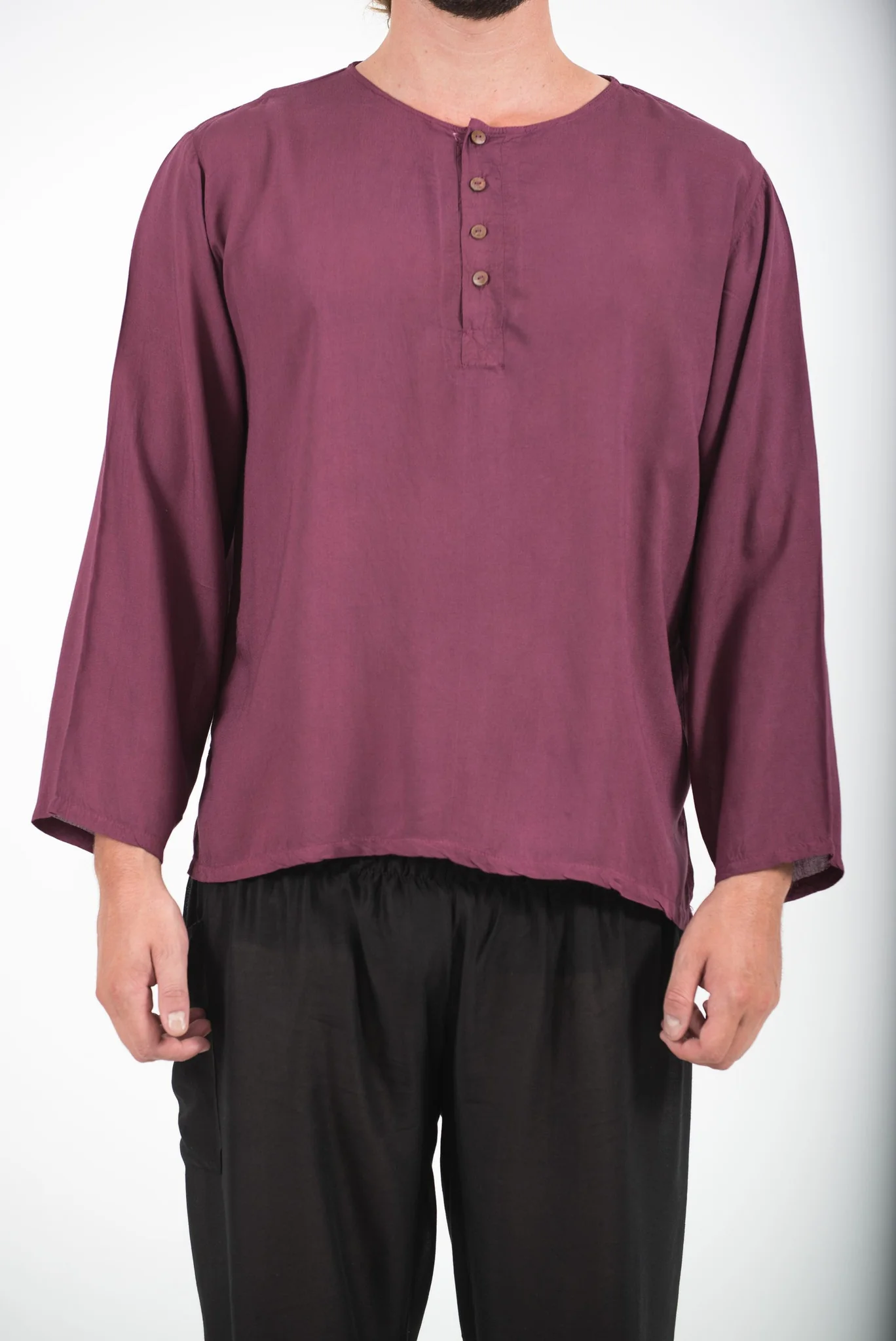 Mens Yoga Shirts No Collar with Coconut Buttons in Purple