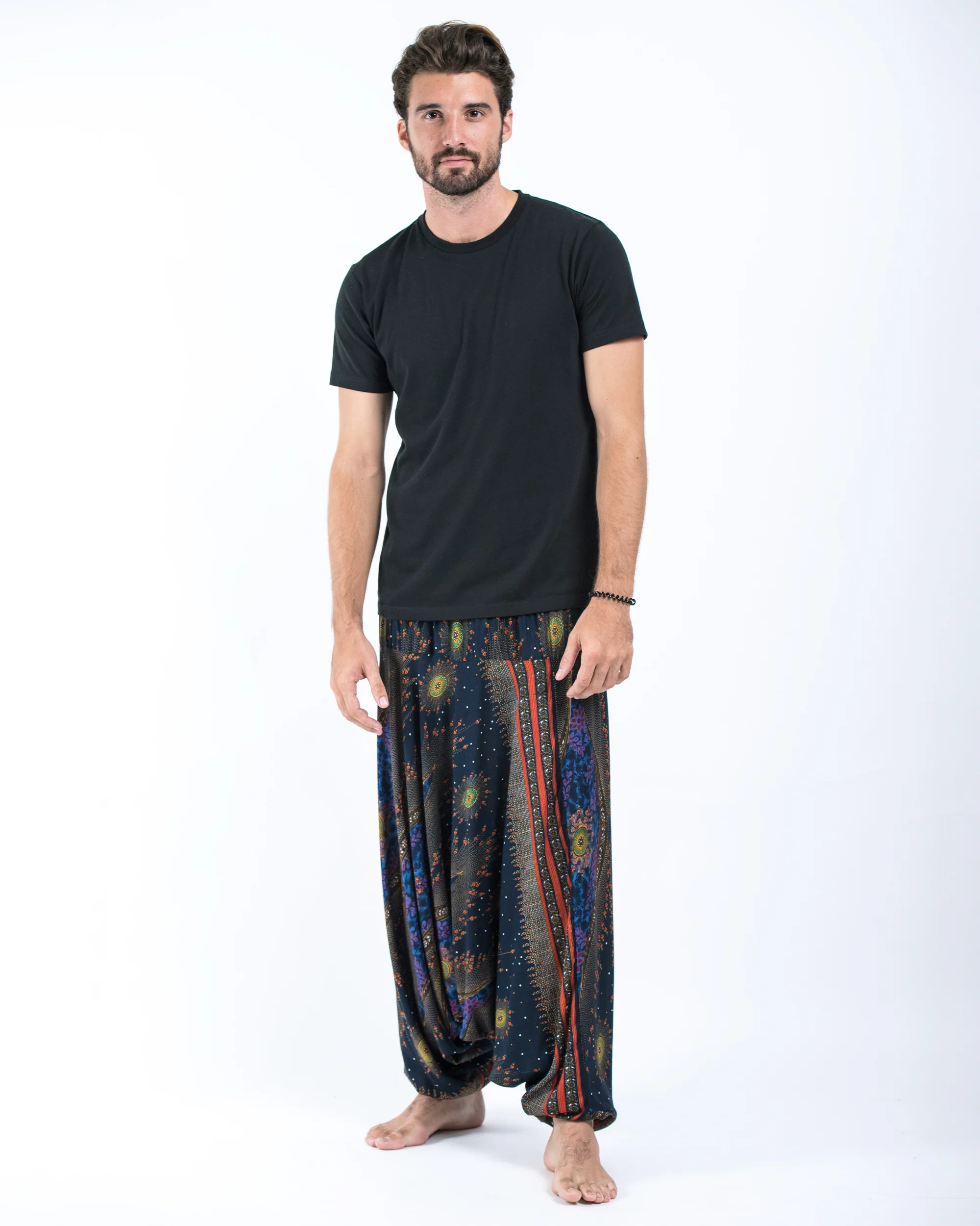 Peacock Eye Drop Crotch Men's Harem Pants in Navy